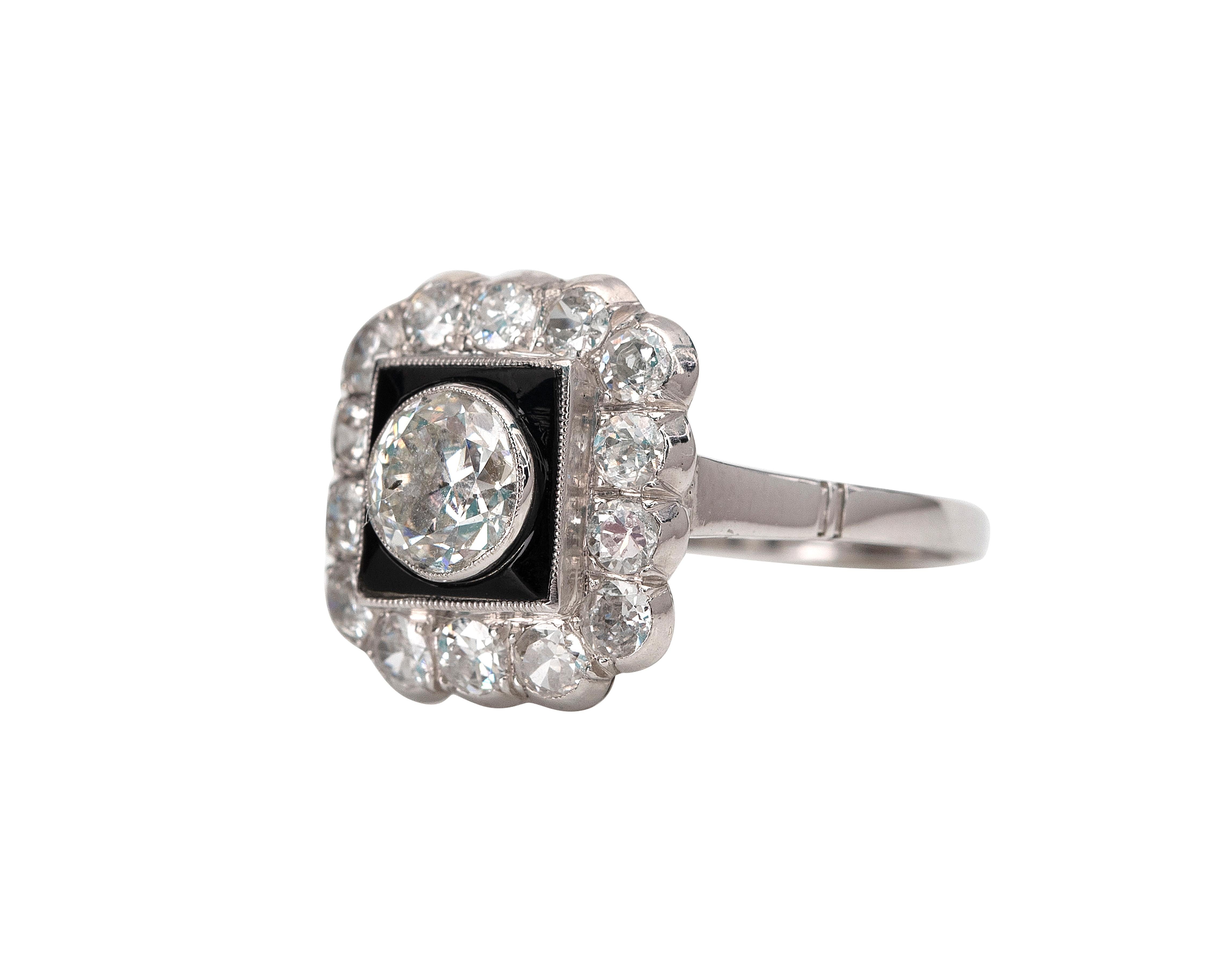 Art Deco 1.93 Carat Old Cut Diamond Ring with Black Onyx White Gold Square Halo Ring