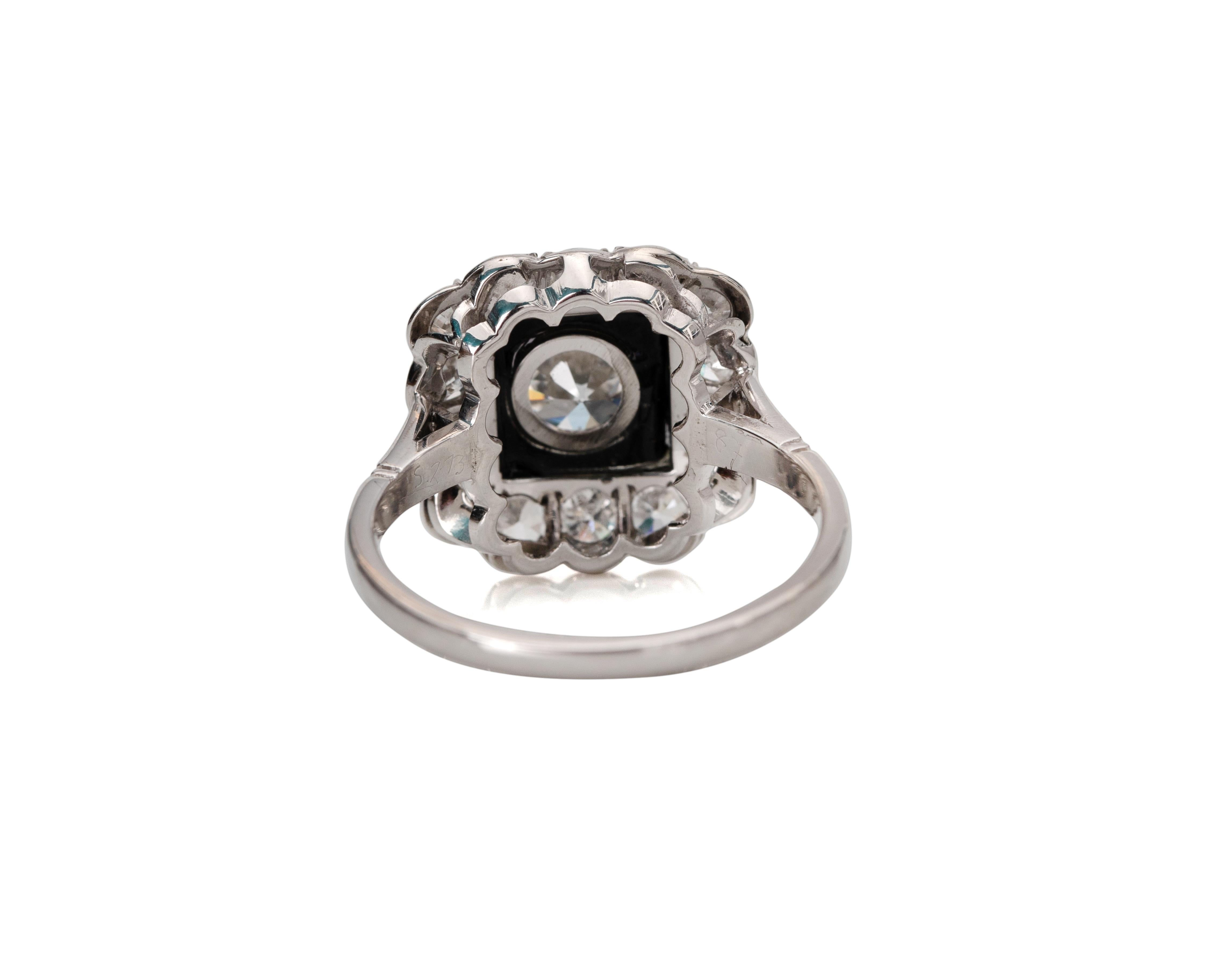 1.93 Carat Old Cut Diamond Ring with Black Onyx White Gold Square Halo Ring In Good Condition In Addison, TX