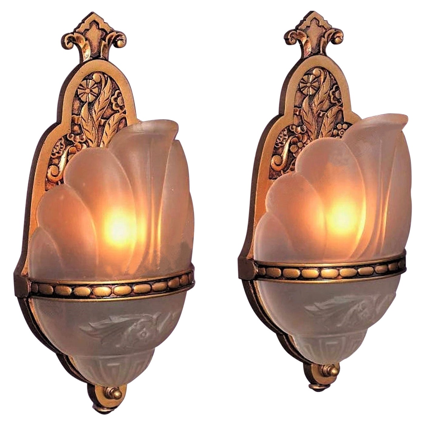 Vintage 1930 Pair Slip Shade Sconces w/ Beaded Shade Holder Band