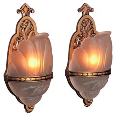 Vintage 1930 Pair Slip Shade Sconces w/ Beaded Shade Holder Band