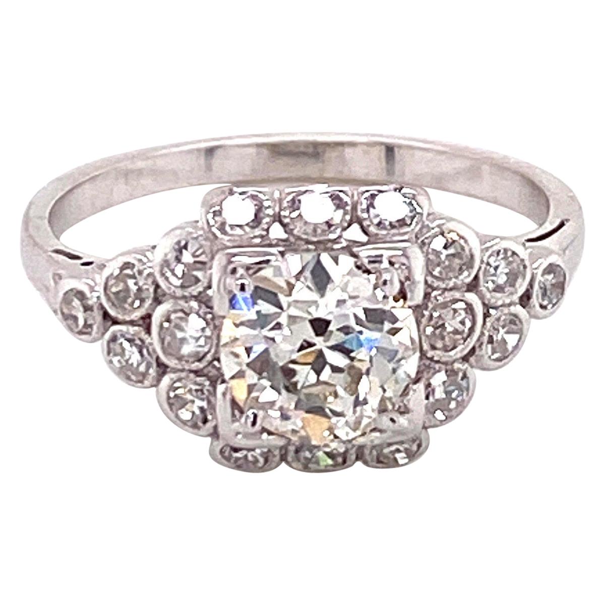 Vintage 1930s 1.00 Carat European Cut Diamond Platinum Ring with Bezel Set Halo