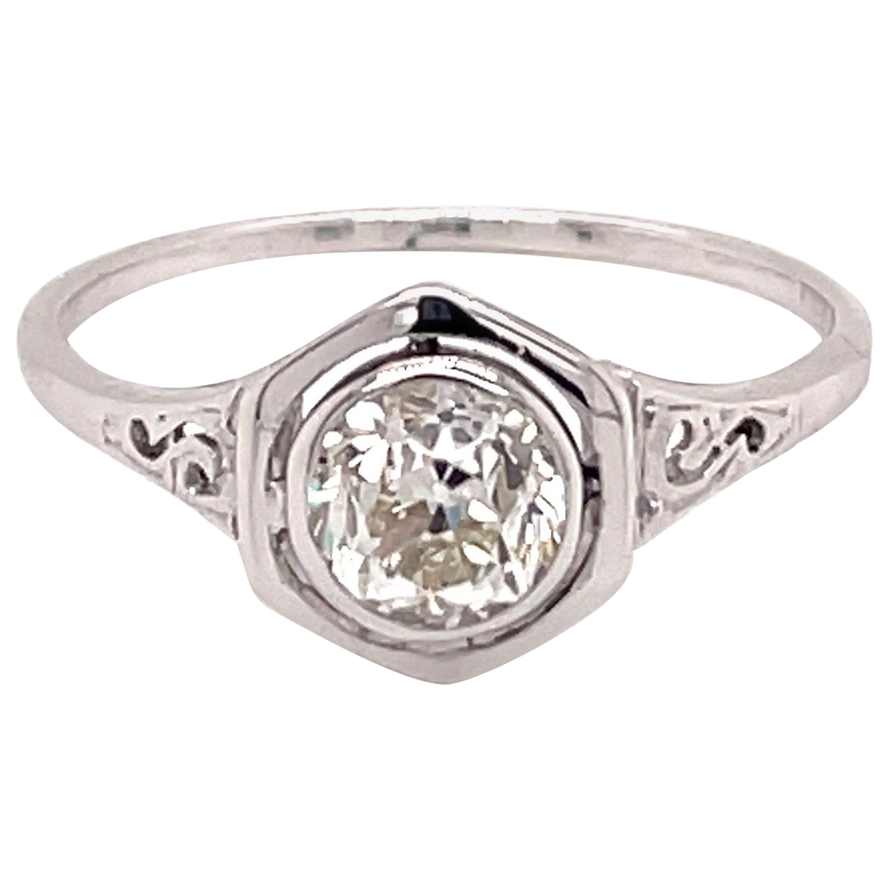 Vintage 1930s 14KW .85 Carat European Cut Diamond Bezel Art Deco Ring For Sale