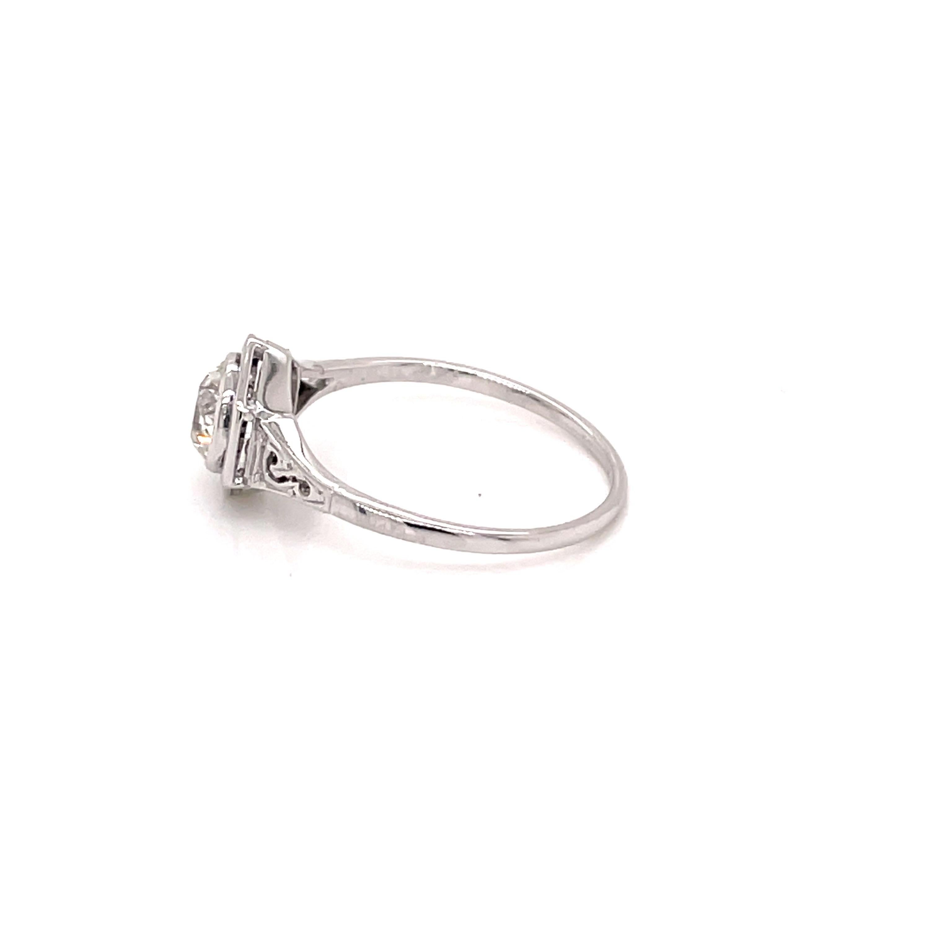 Women's Vintage 1930s 14KW .85 Carat European Cut Diamond Bezel Art Deco Ring For Sale