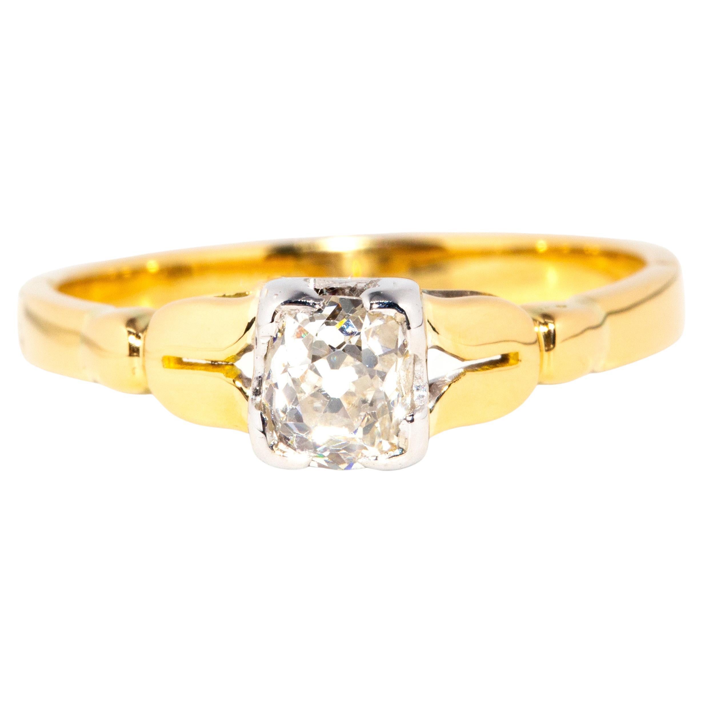 Vintage 1930s 18 Carat Gold Partial Rub over Setting Old Mine Cut Diamond Ring For Sale