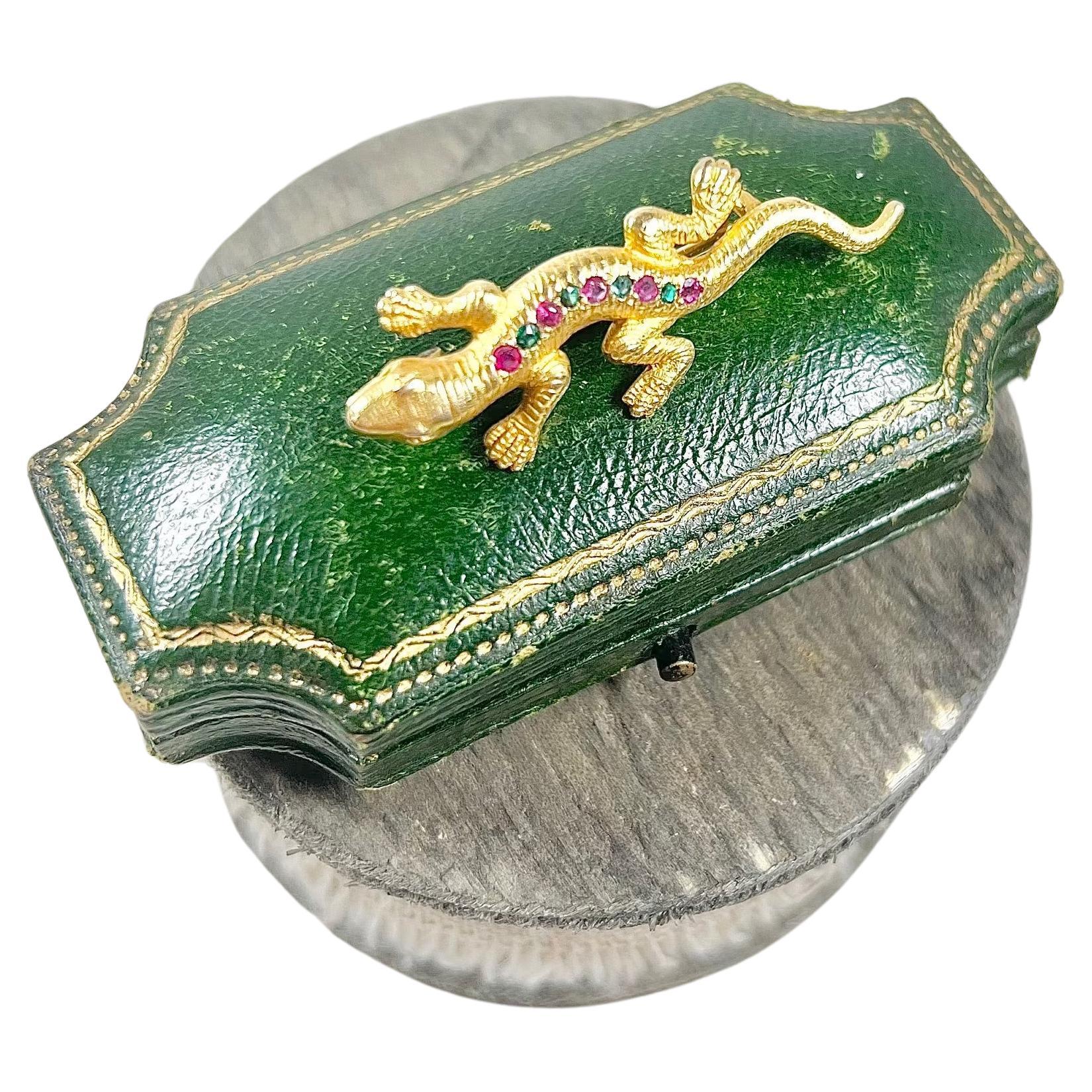 Vintage 1930’s 18ct Gold, Emerald & Ruby Lizard Brooch For Sale