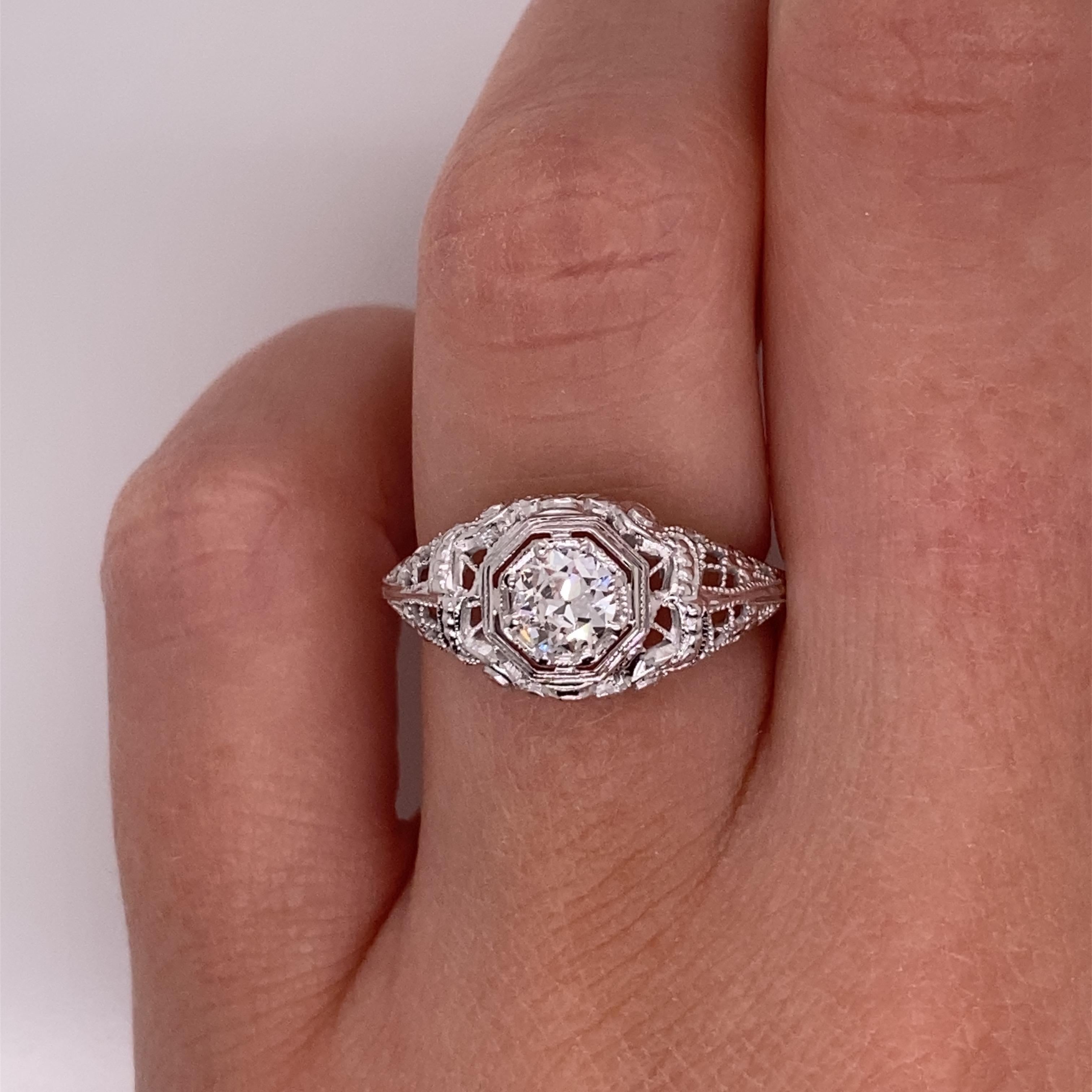 Vintage 1930's 18k White Gold European Cut .29ct Diamond Filigree Art Deco Ring For Sale 3