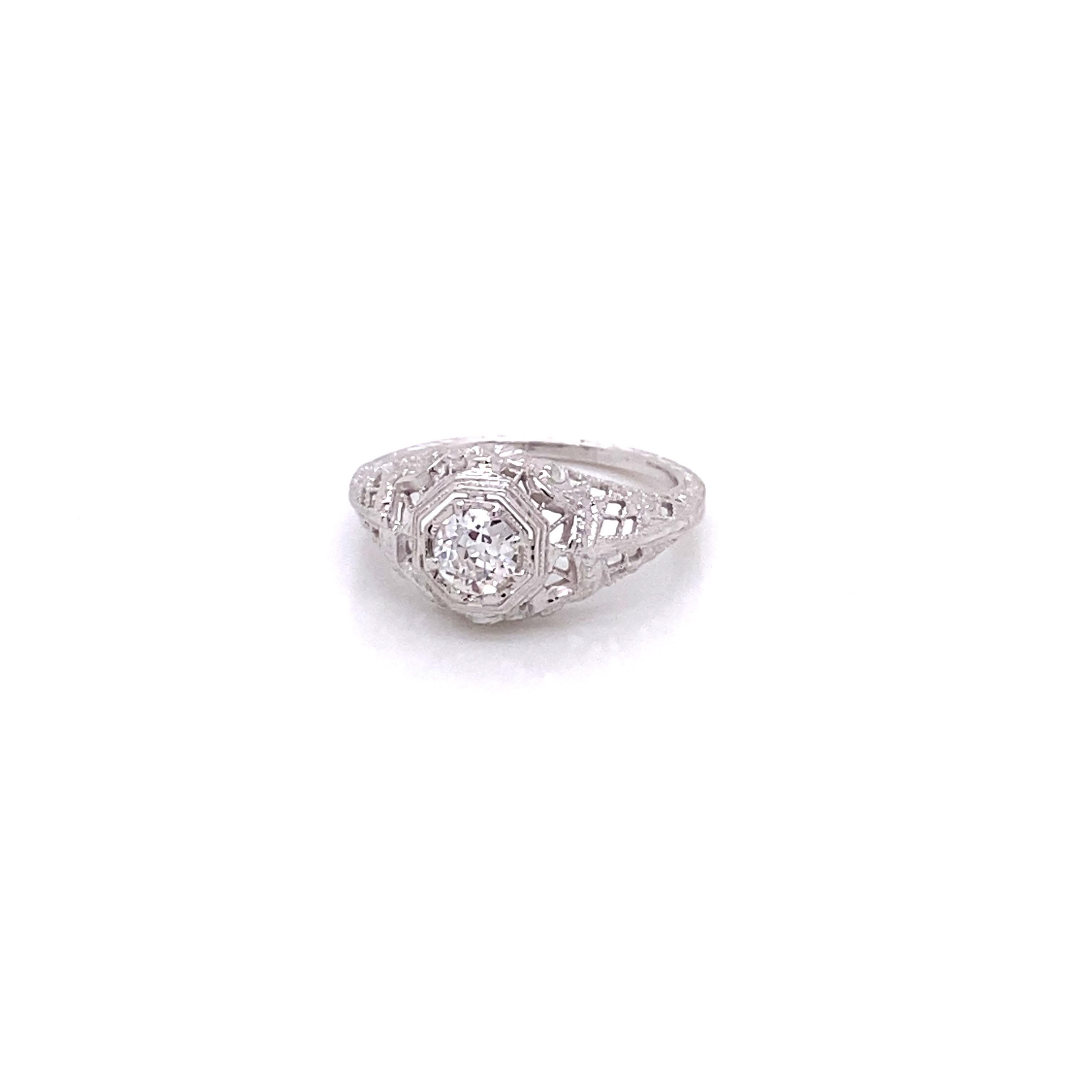 Vintage 1930's 18K White Gold European Cut .29ct Diamond Filigree Art Deco Ring - The European cut diamond is F color and VS2 clarity and has a diameter of 4.45mm. The ring is 8.7mm wide and tapers down to 1.1mm on the bottom. The diamond sits 6.6mm