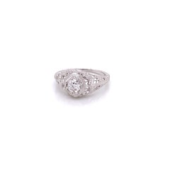 Vintage 1930's 18k White Gold European Cut .29ct Diamond Filigree Art Deco Ring