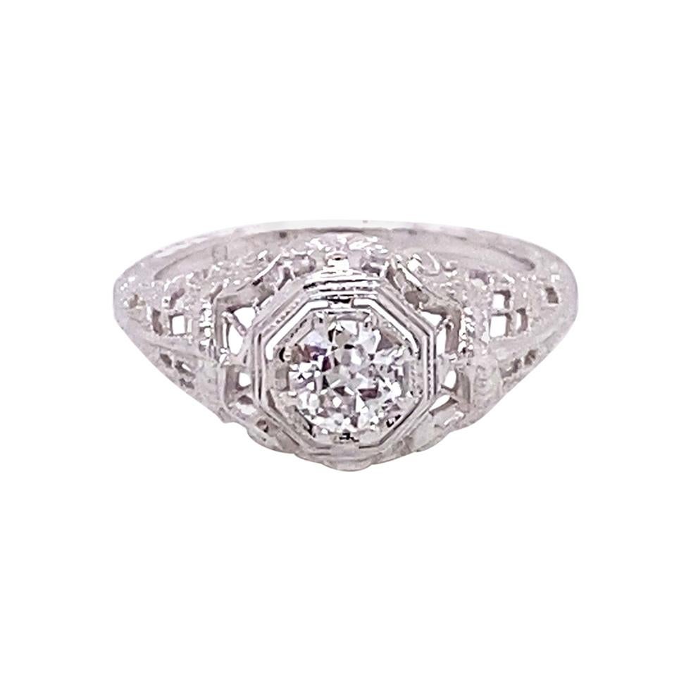 Vintage 1930's 18k White Gold European Cut .29ct Diamond Filigree Art Deco Ring For Sale