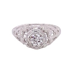 Vintage 1930's 18k White Gold European Cut .29ct Diamond Filigree Art Deco Ring