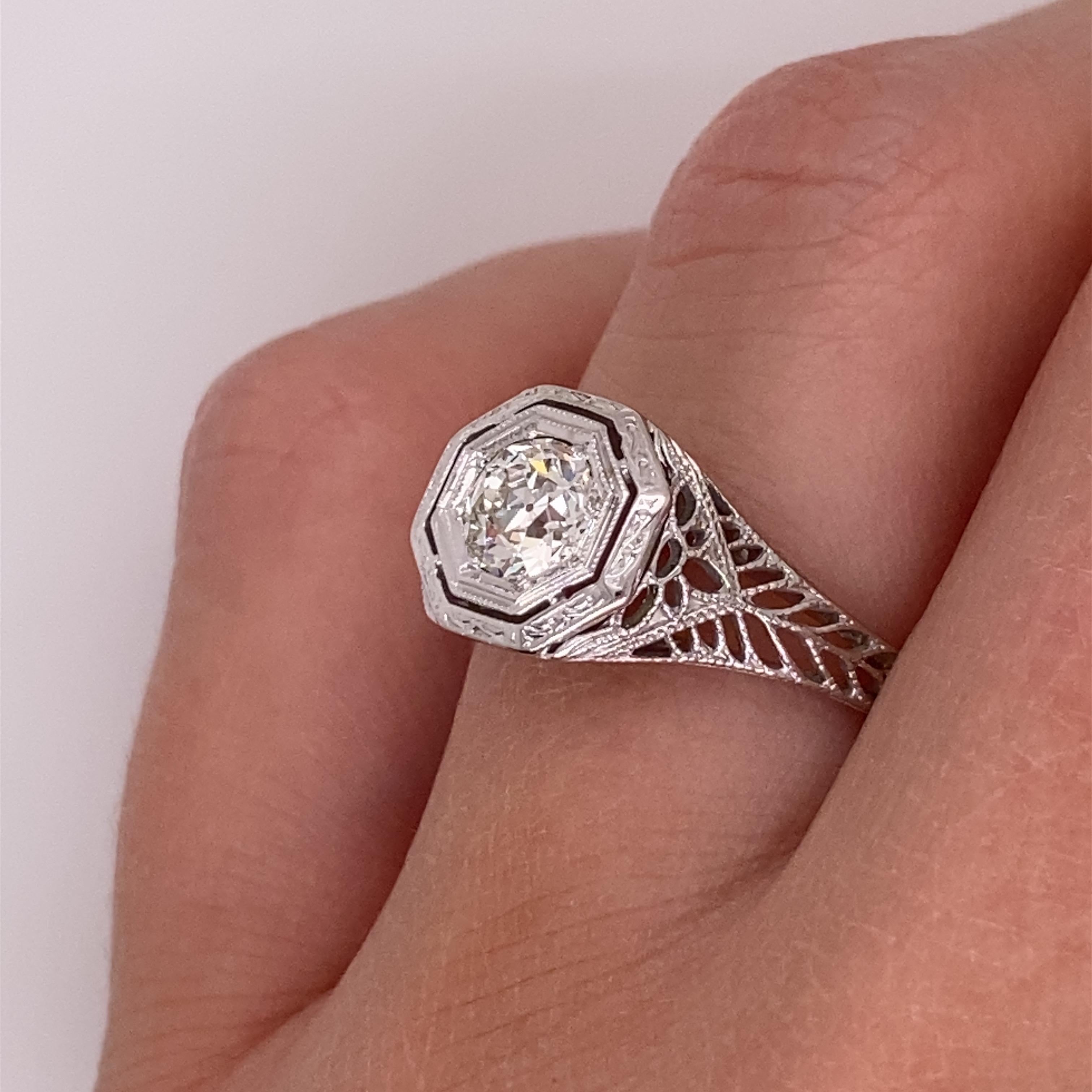 1930s 18 Karat White .50 Carat European Cut Diamond Filigree Art Deco Ring For Sale 3