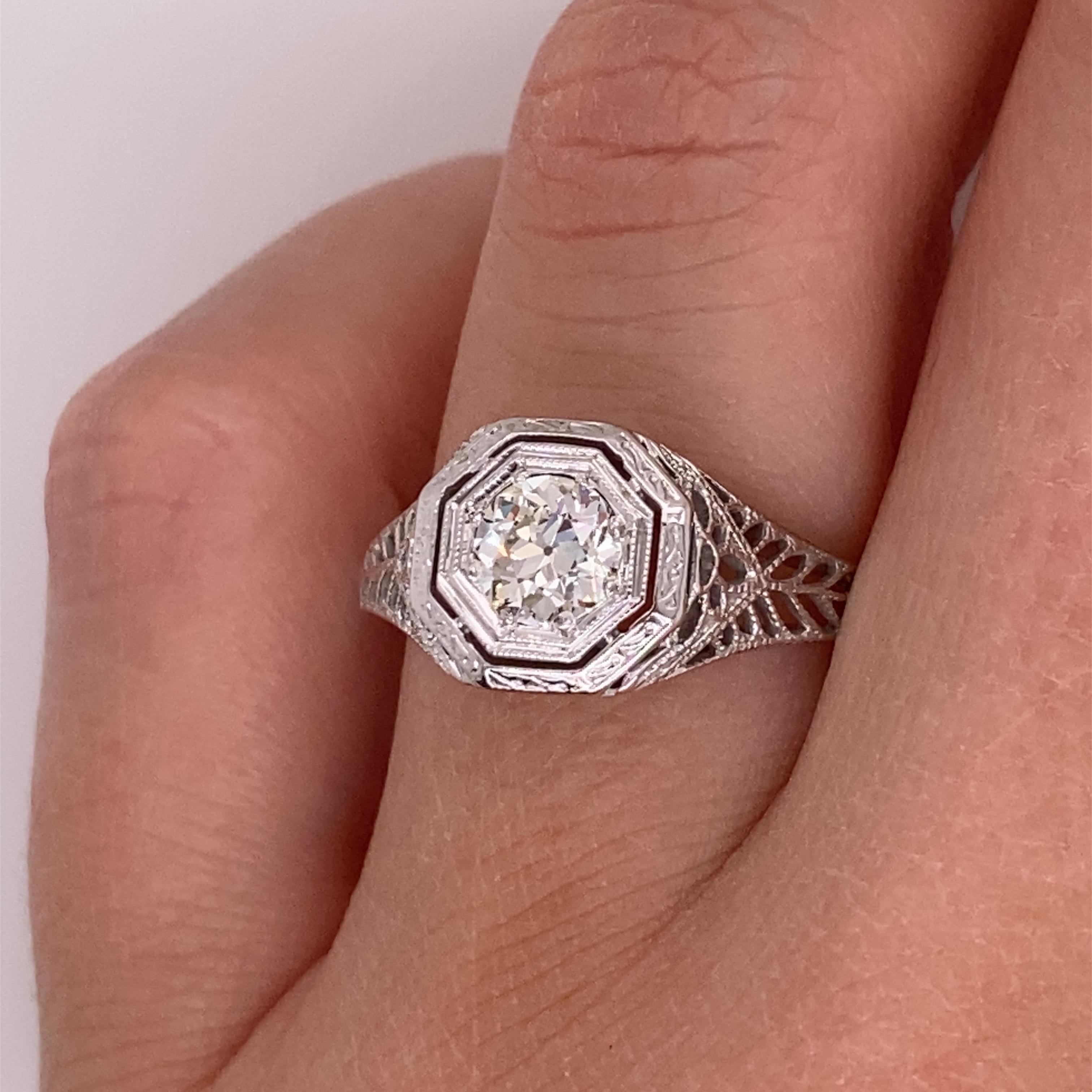 1930s 18 Karat White .50 Carat European Cut Diamond Filigree Art Deco Ring For Sale 2