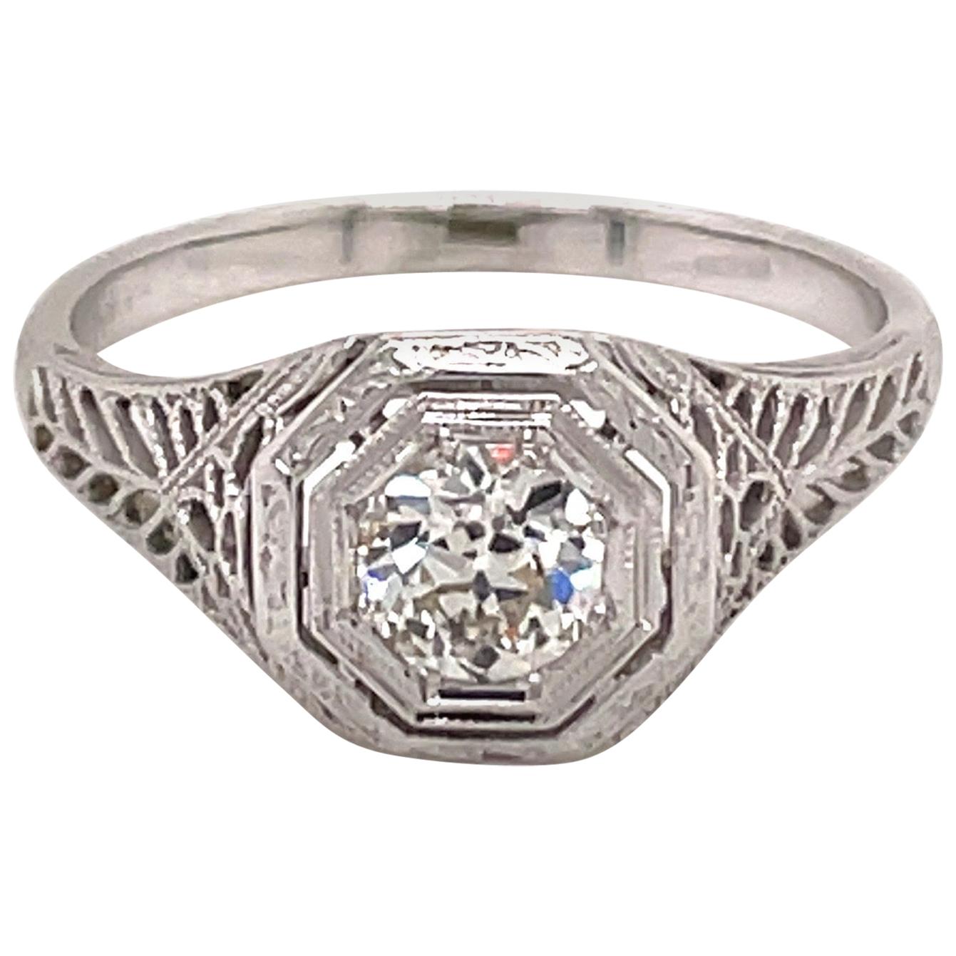 1930s 18 Karat White .50 Carat European Cut Diamond Filigree Art Deco Ring For Sale