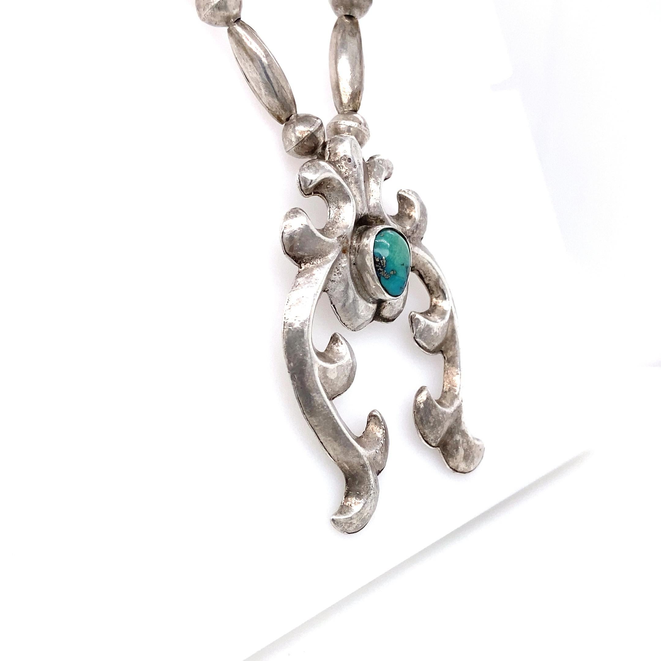 Vintage 1930s - 1940s Navajo Sterling Silver Naja Necklace with Turquoise In Good Condition For Sale In Towson, MD