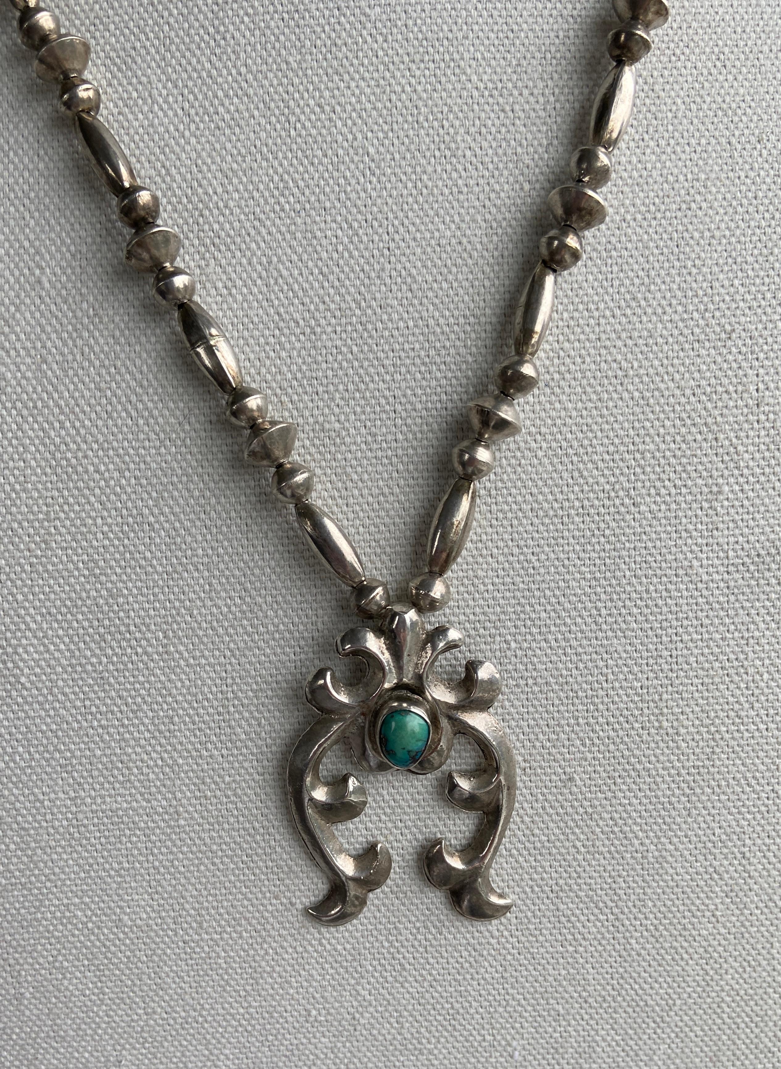 Vintage 1930s - 1940s Navajo Sterling Silver Naja Necklace with Turquoise For Sale 4