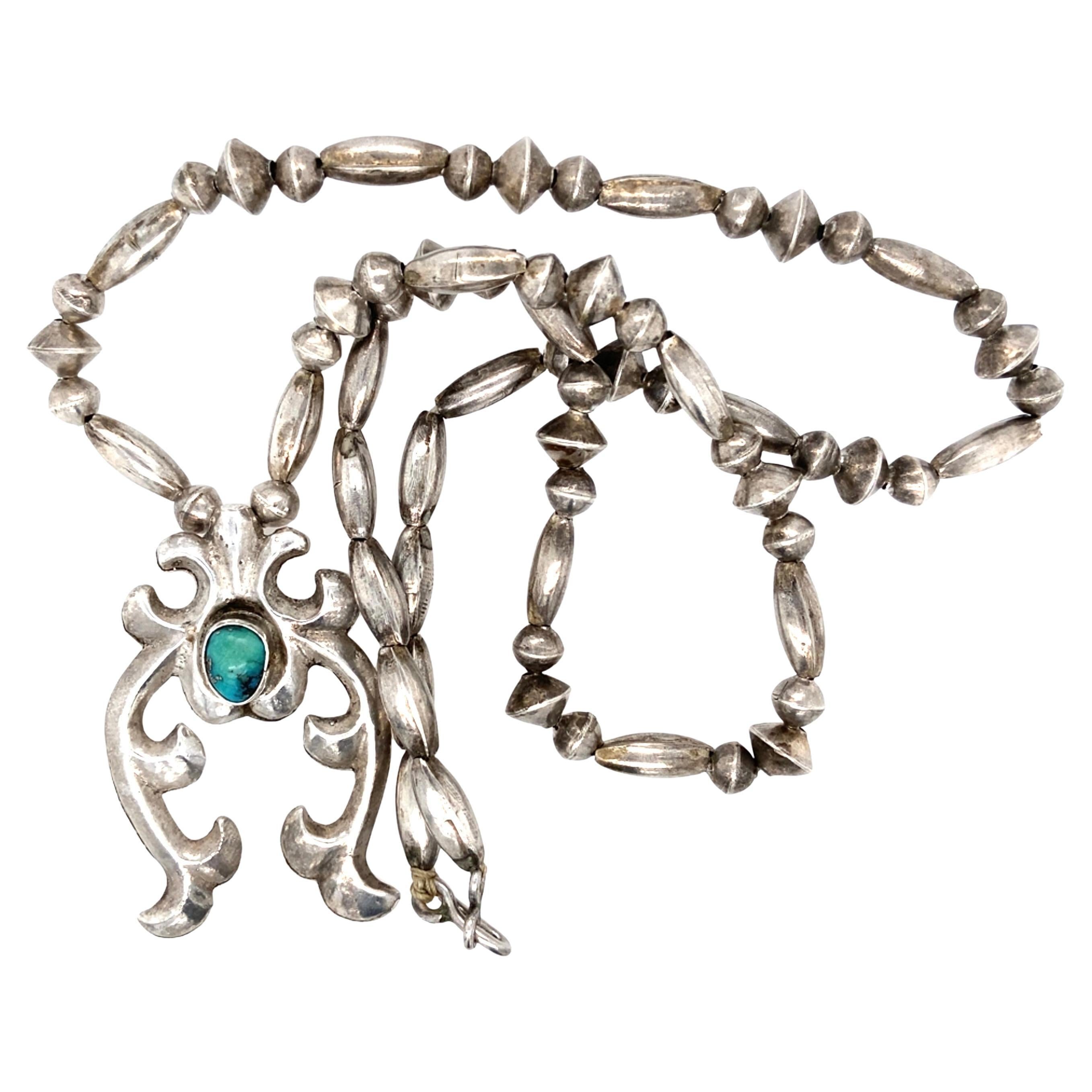 Vintage 1930s - 1940s Navajo Sterling Silver Naja Necklace with Turquoise For Sale