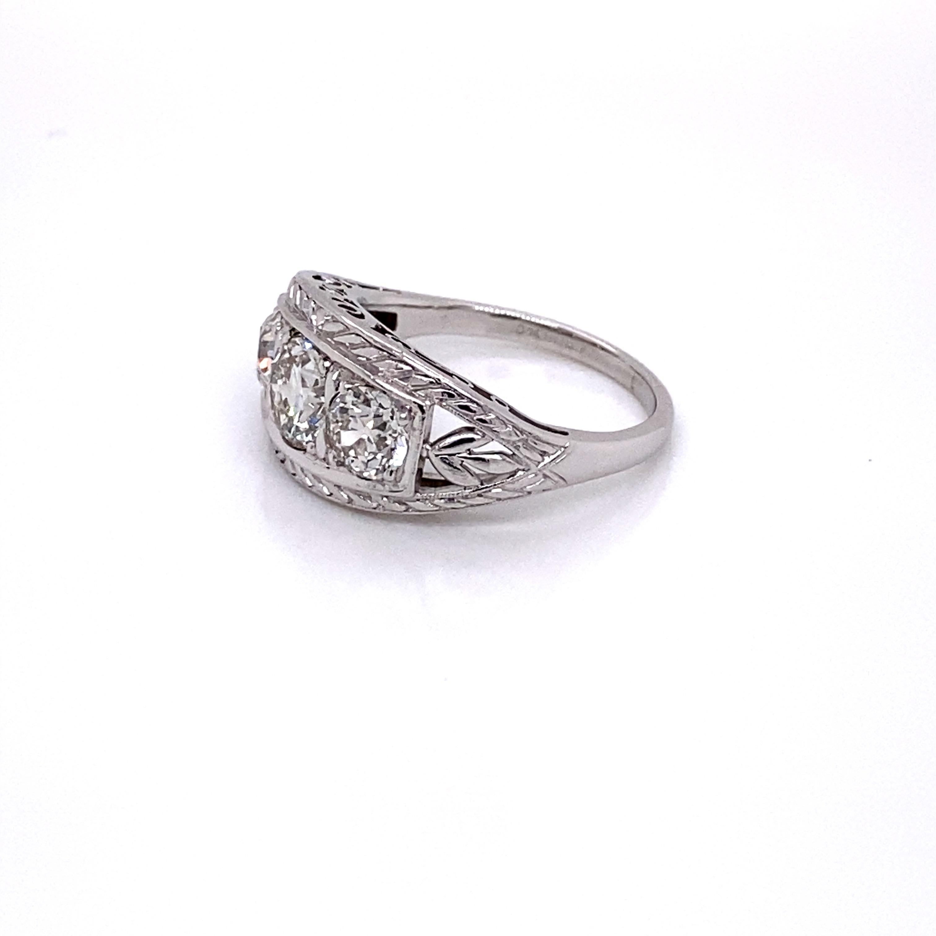 Old European Cut Vintage 1930s 3-Stone European Cut Diamond Platinum Ring 1.75 Carat For Sale