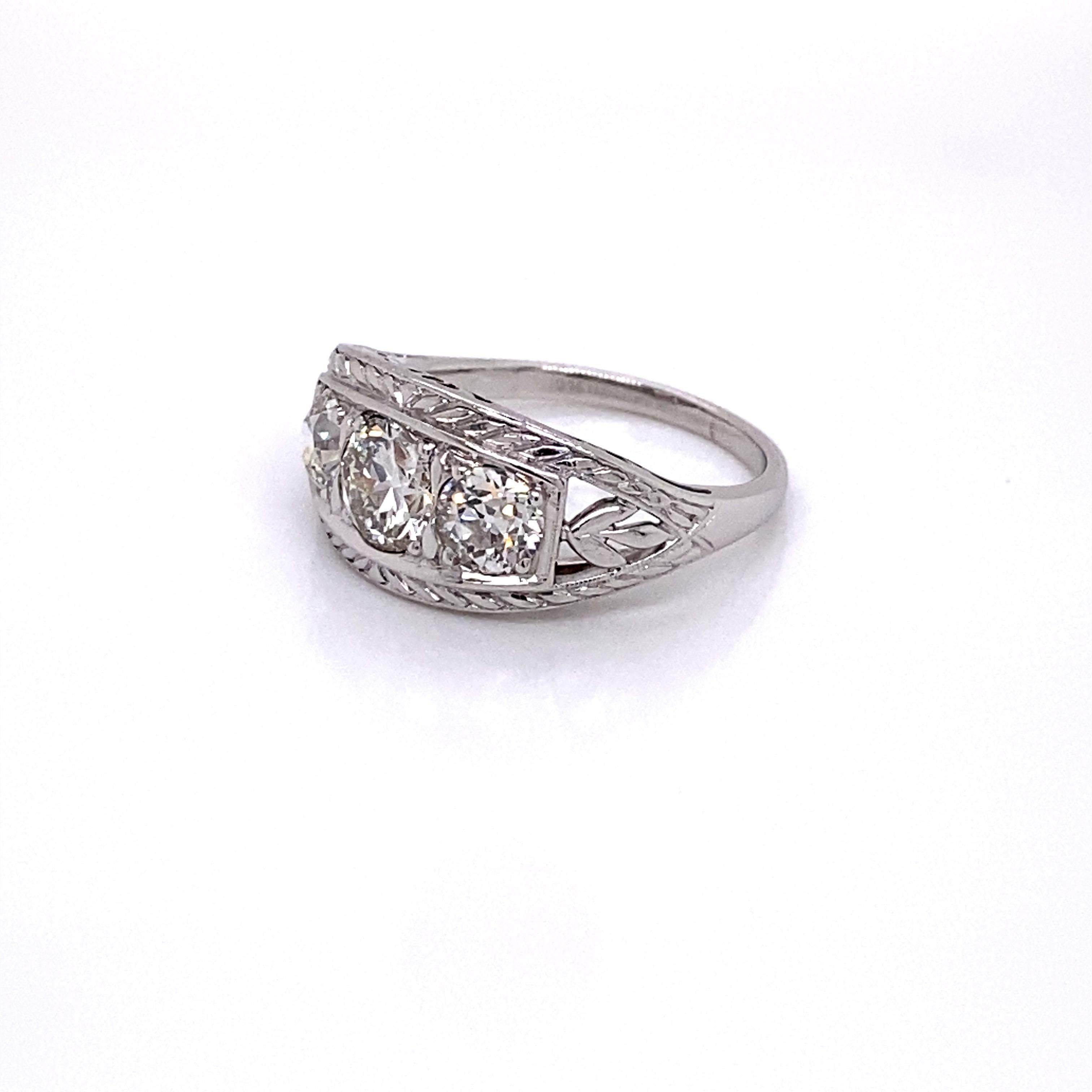 Vintage 1930s 3-Stone European Cut Diamond Platinum Ring 1.75 Carat In Good Condition For Sale In Boston, MA