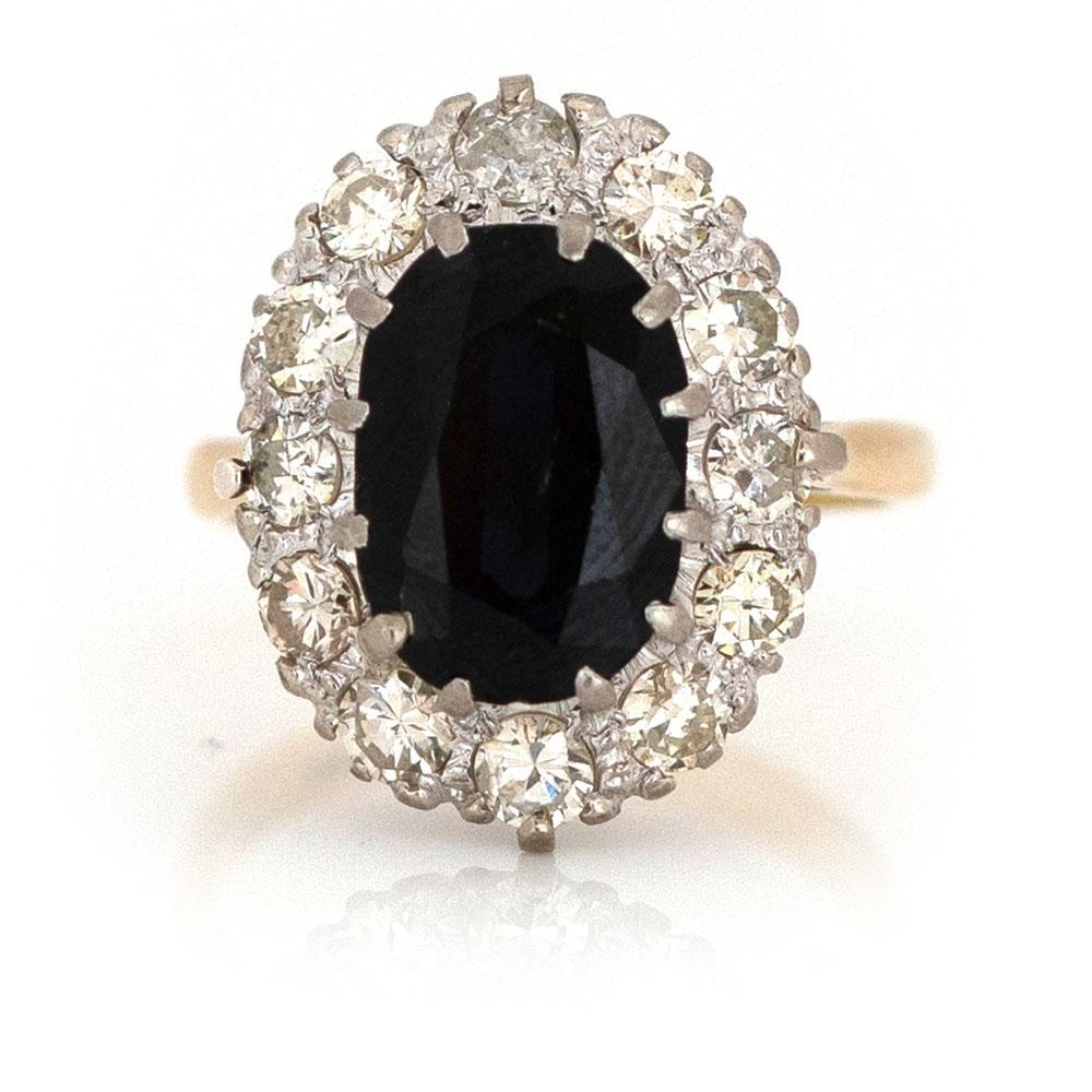 Vintage 1930s 5.35ct Sapphire 1.45ct Diamond Halo 18ct Gold Ring In Good Condition In London, GB