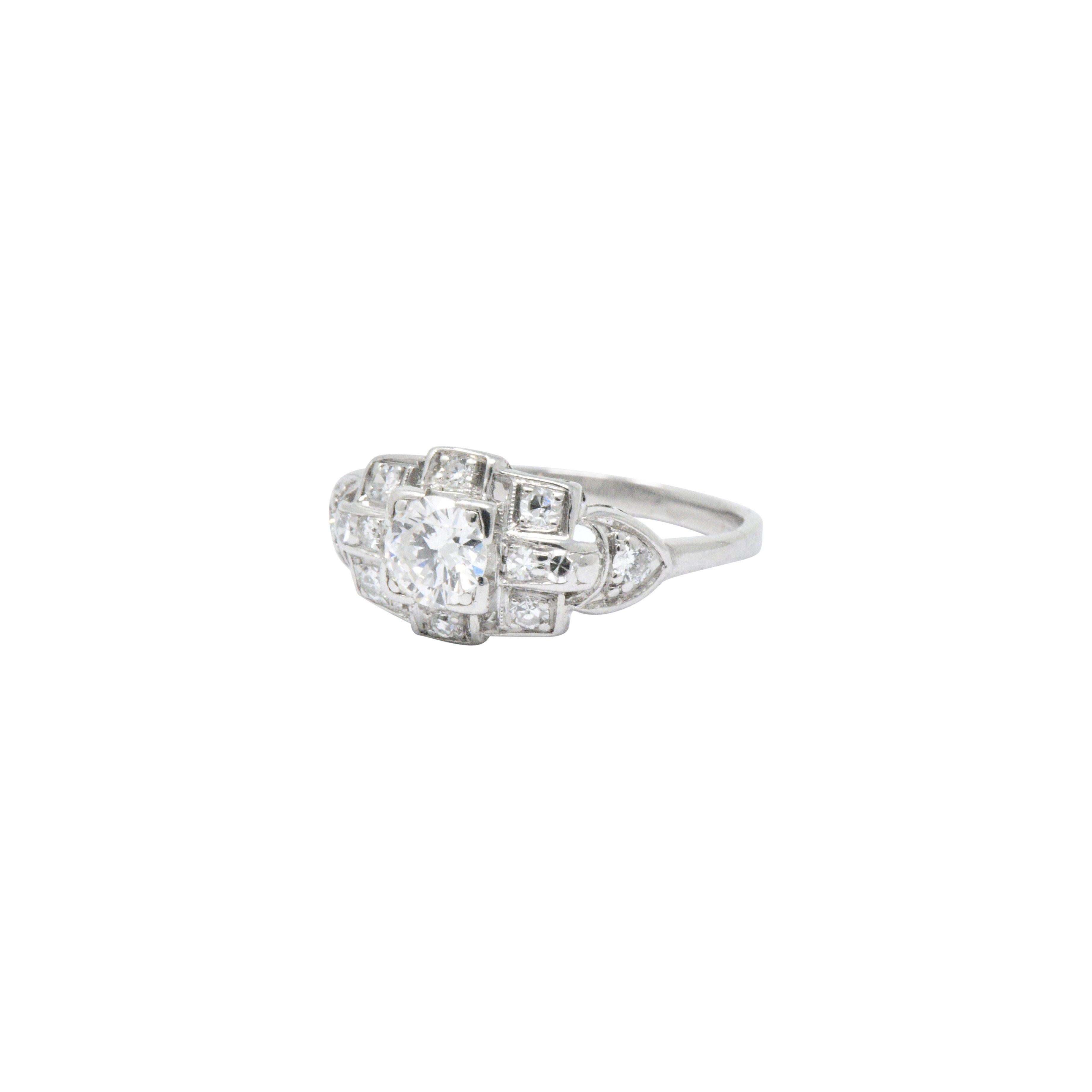 Art Deco 0.70 Carat Diamond Platinum Geometric Engagement Ring In Good Condition In Philadelphia, PA