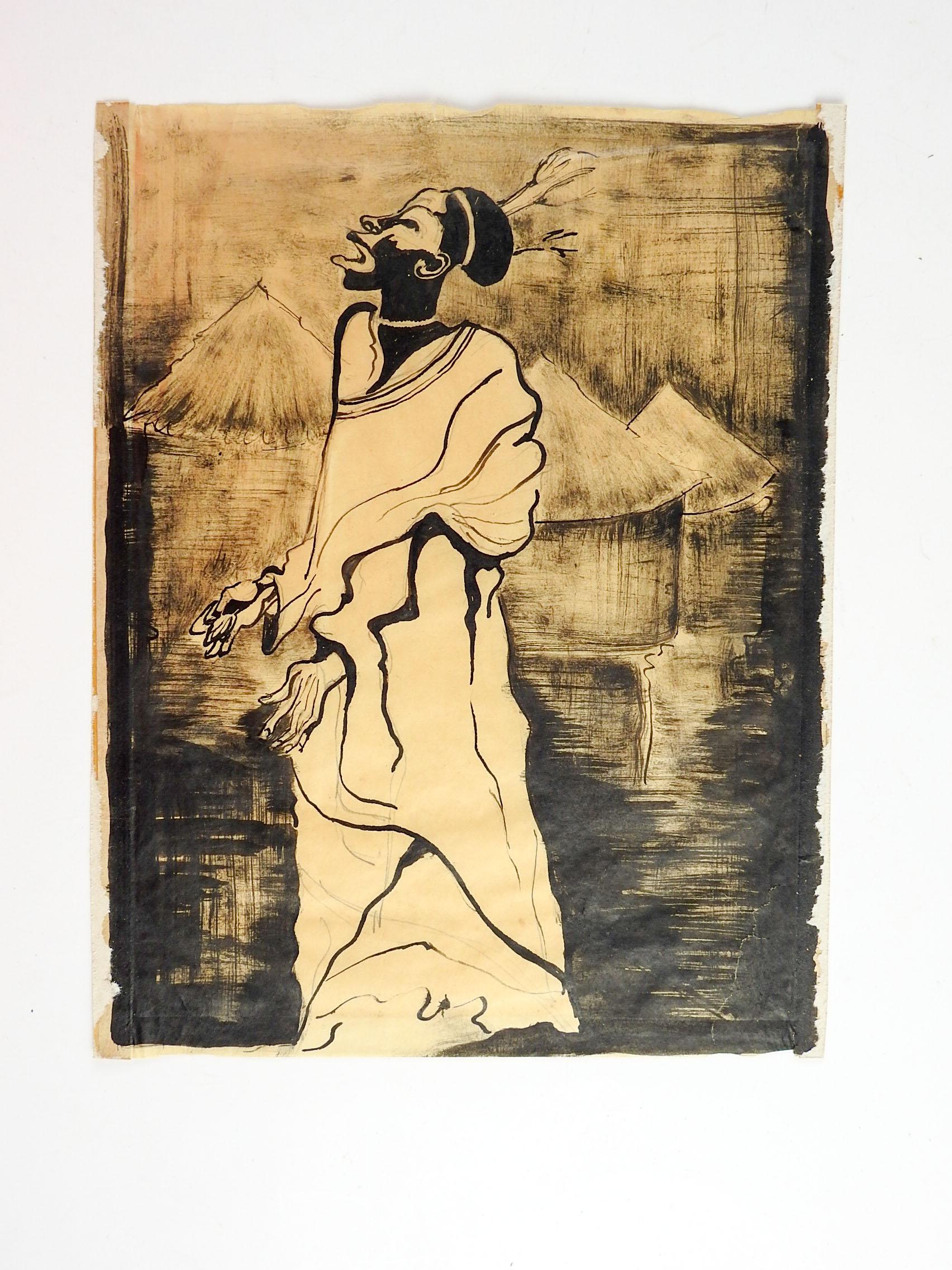 Circa 1930's powerful ink wash on thin paper study of African man. Unsigned, probably executed by an African American artist, based on the other works from the estate. Age toning, tape residue along edges, some cockling to paper.