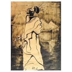 Antique 1930's African Ink Wash Portrait Study