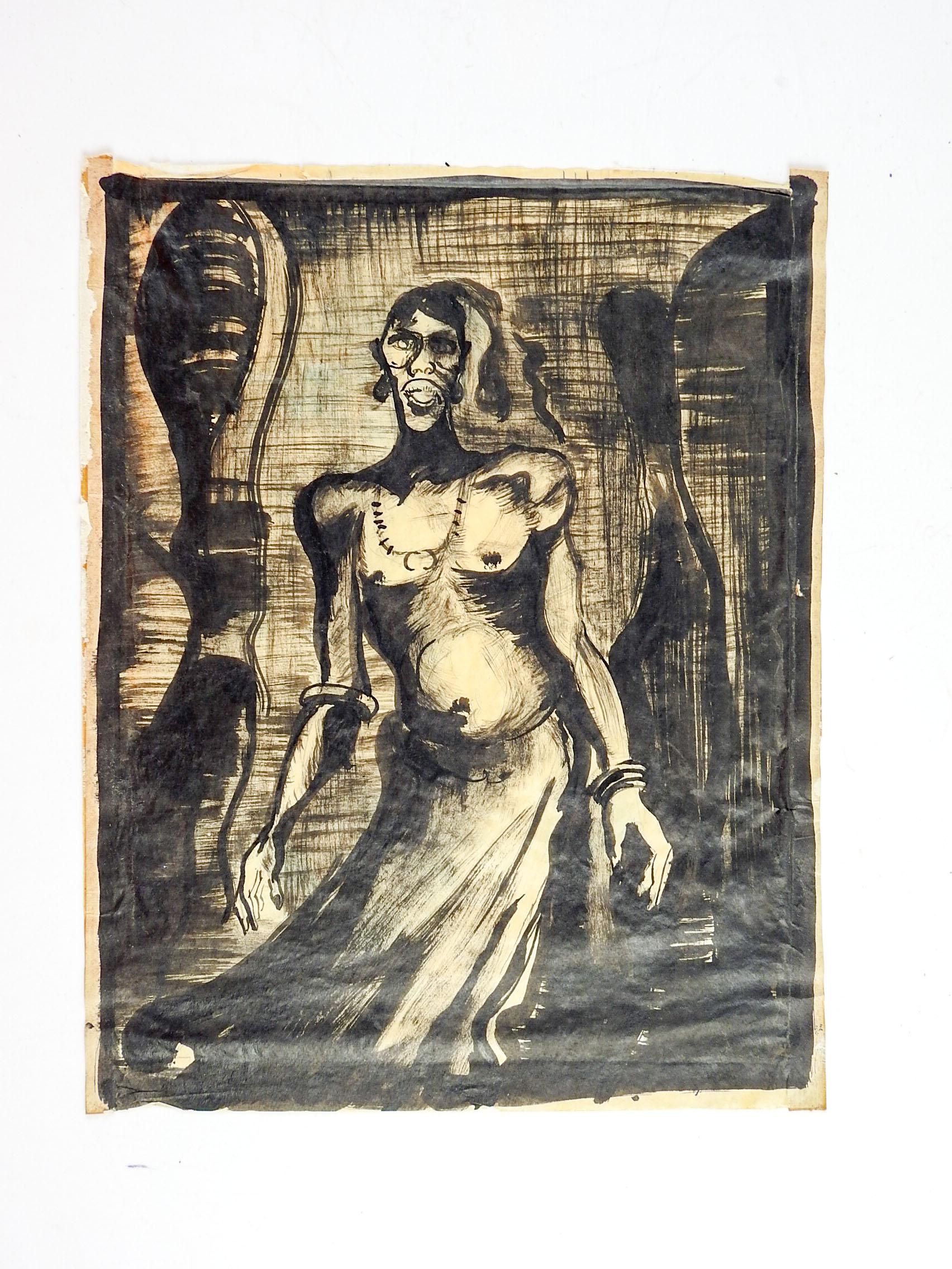 CIRCA 1930's starke Tinte waschen auf dünnem Papier Studie der afrikanischen Mann. Unsigniert, wahrscheinlich von einem afroamerikanischen Künstler ausgeführt, basierend auf den anderen Werken aus dem Nachlass. Alterstönung, Klebebandreste an den
