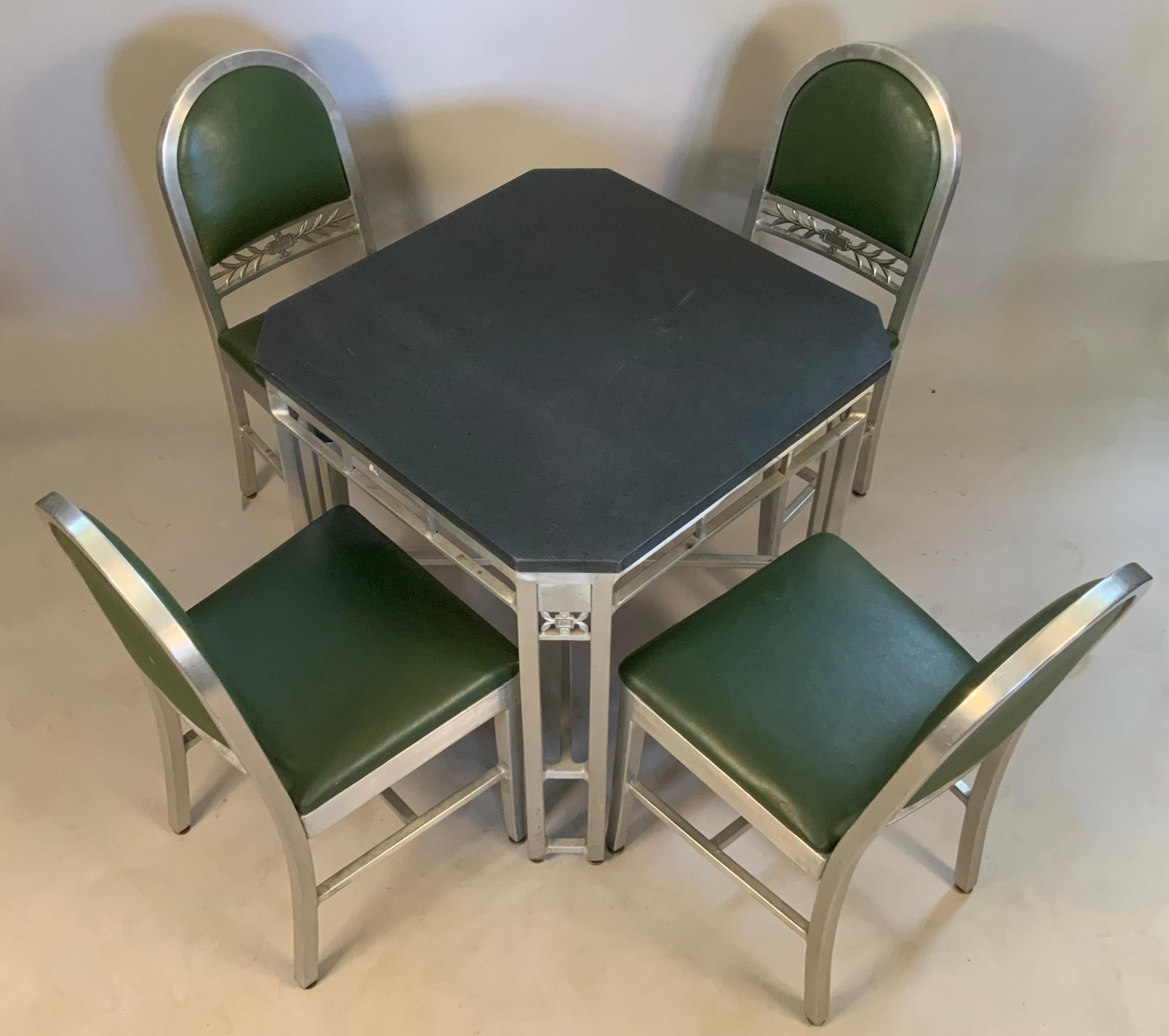 1930's Aluminum and Slate Table & Chairs by GoodForm from the Silver Grille In Good Condition In Hudson, NY