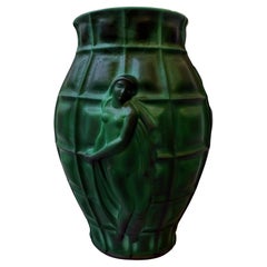 Vintage 1930s Art Deco Desna Czech Bohemian Malachite Glass, Ladies Figural Vase