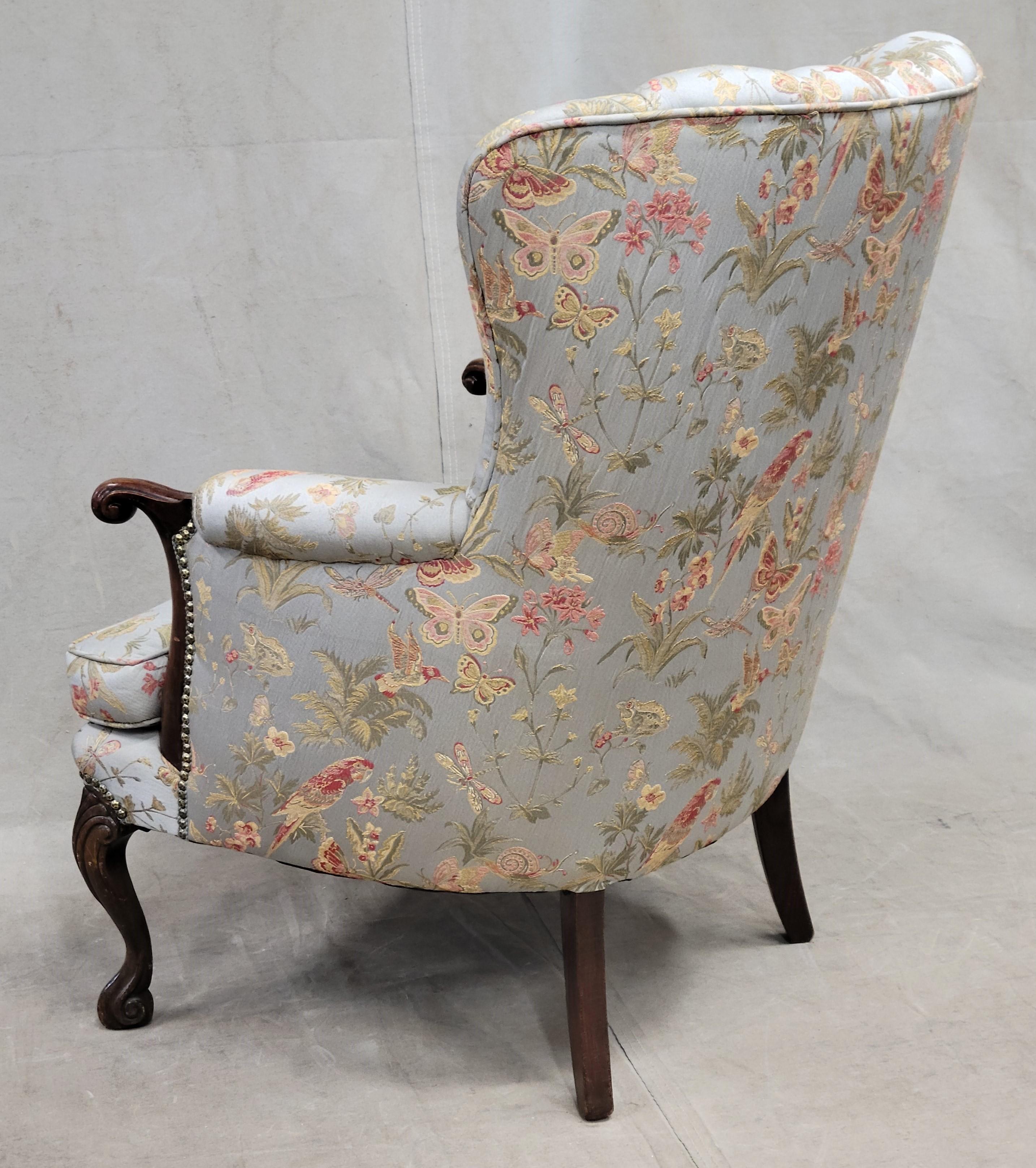 Vintage 1930s Art Deco Fan Back Armchair With Kravet Botanical Upholstery In Good Condition For Sale In Centennial, CO