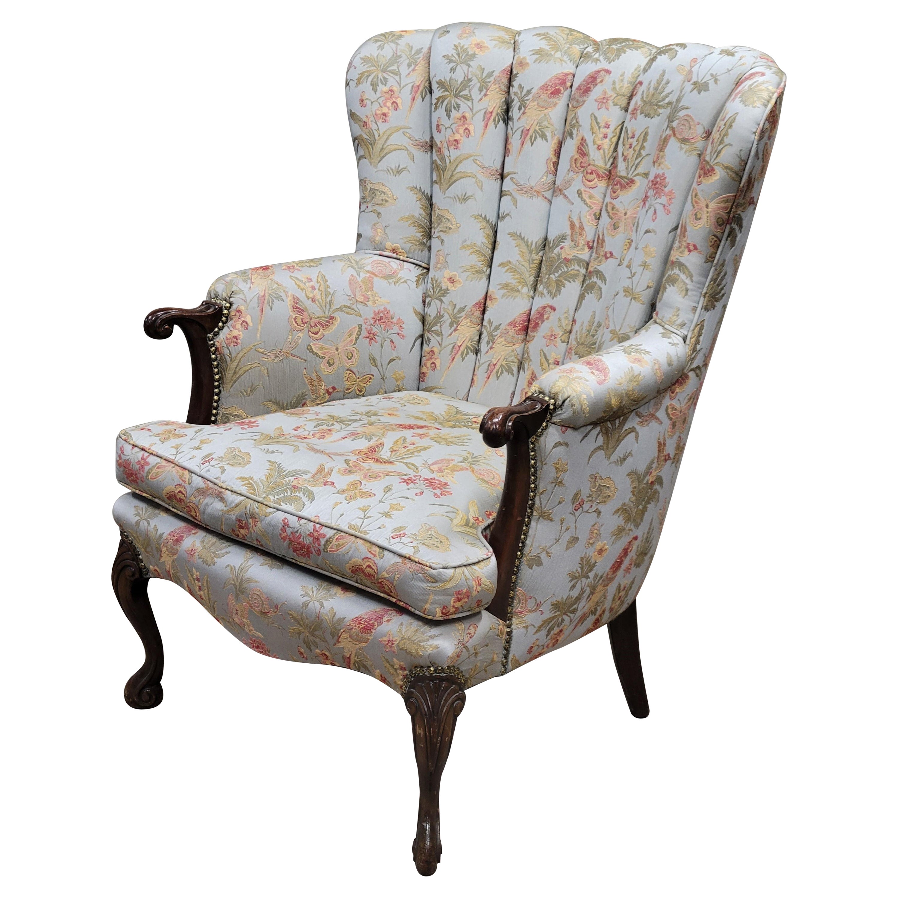 Vintage 1930s Art Deco Fan Back Armchair With Kravet Botanical Upholstery