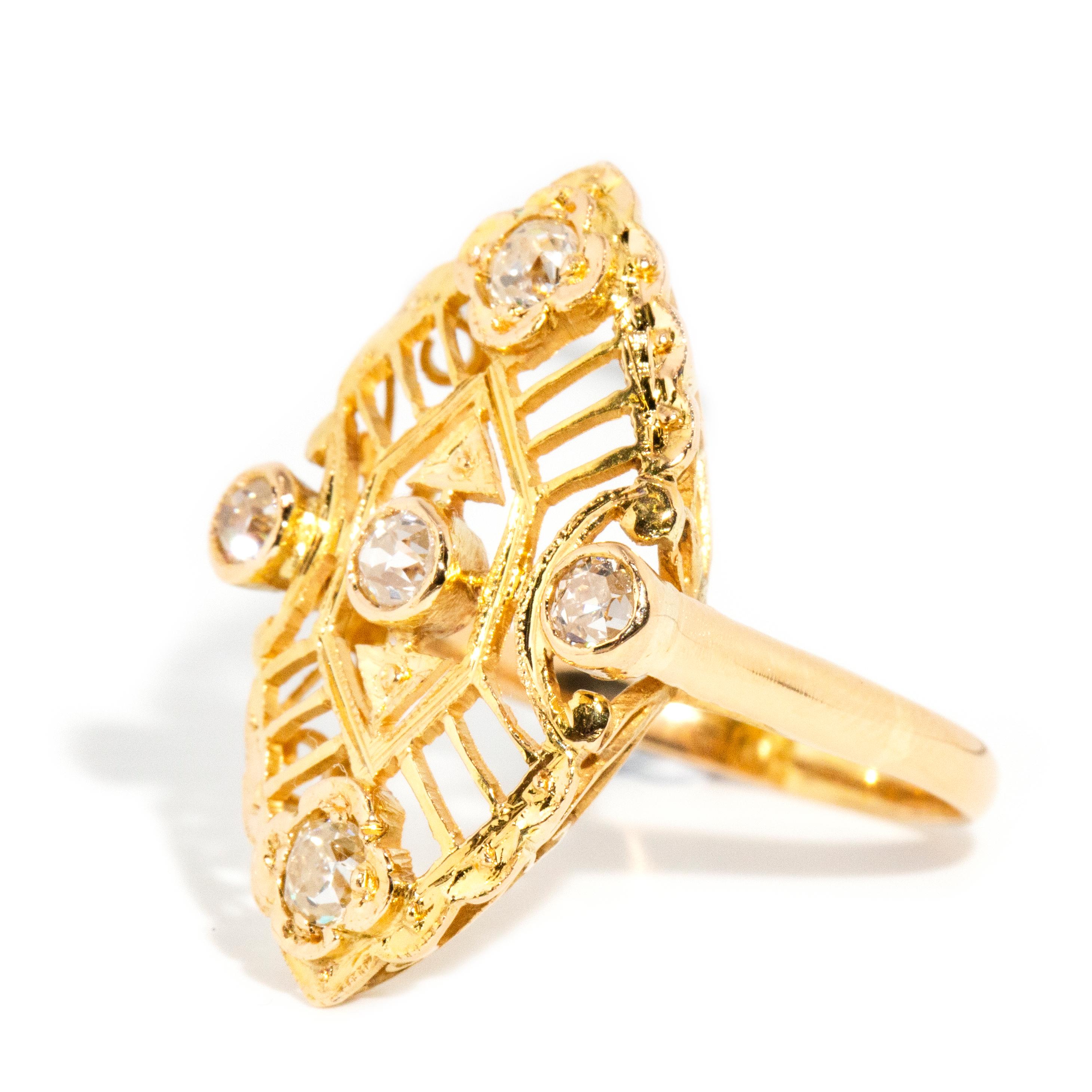 Modern Vintage 1930s Art Deco Inspired Diamond Open Pattern Marquise Ring 18ct Gold For Sale