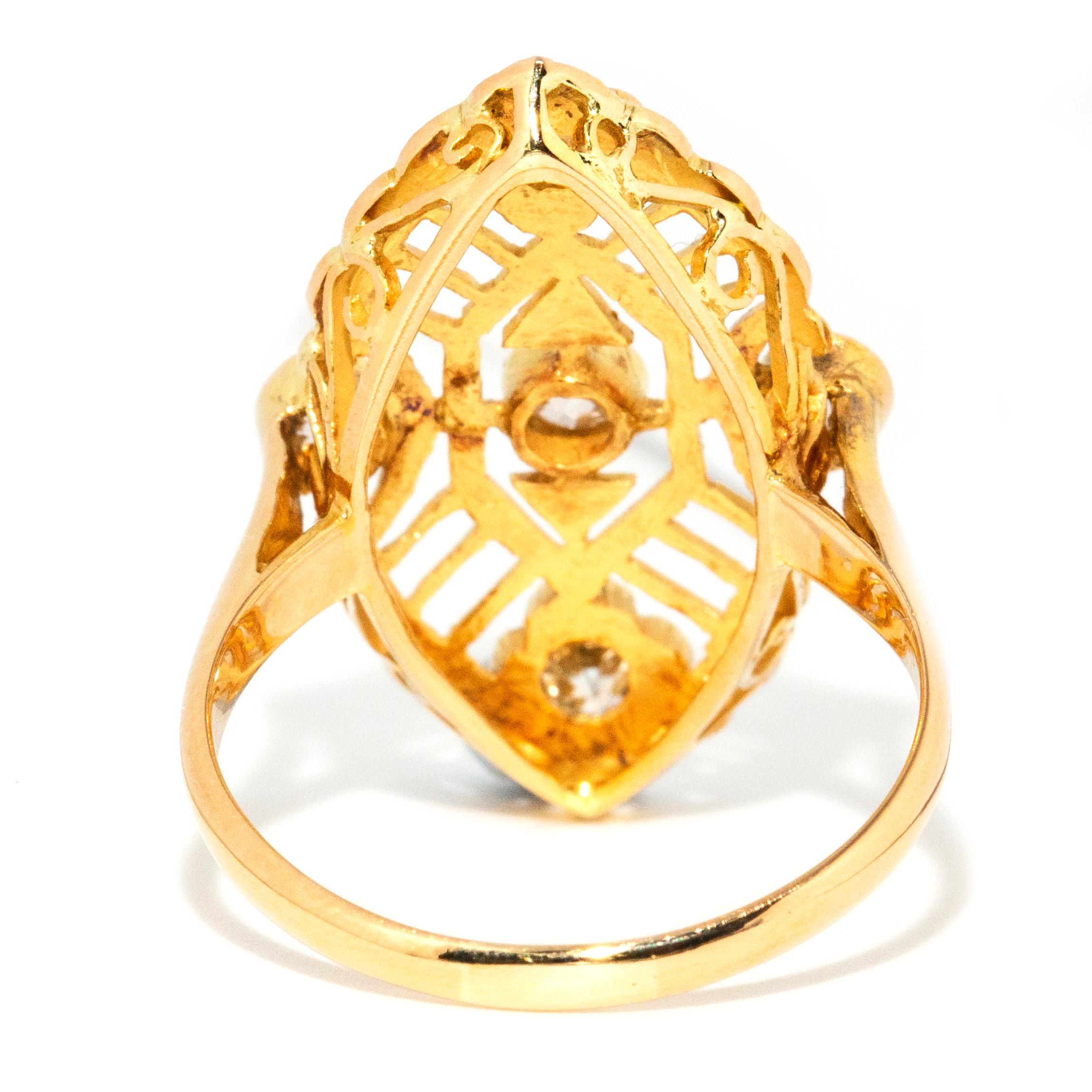 Women's or Men's Vintage 1930s Art Deco Inspired Diamond Open Pattern Marquise Ring 18ct Gold For Sale