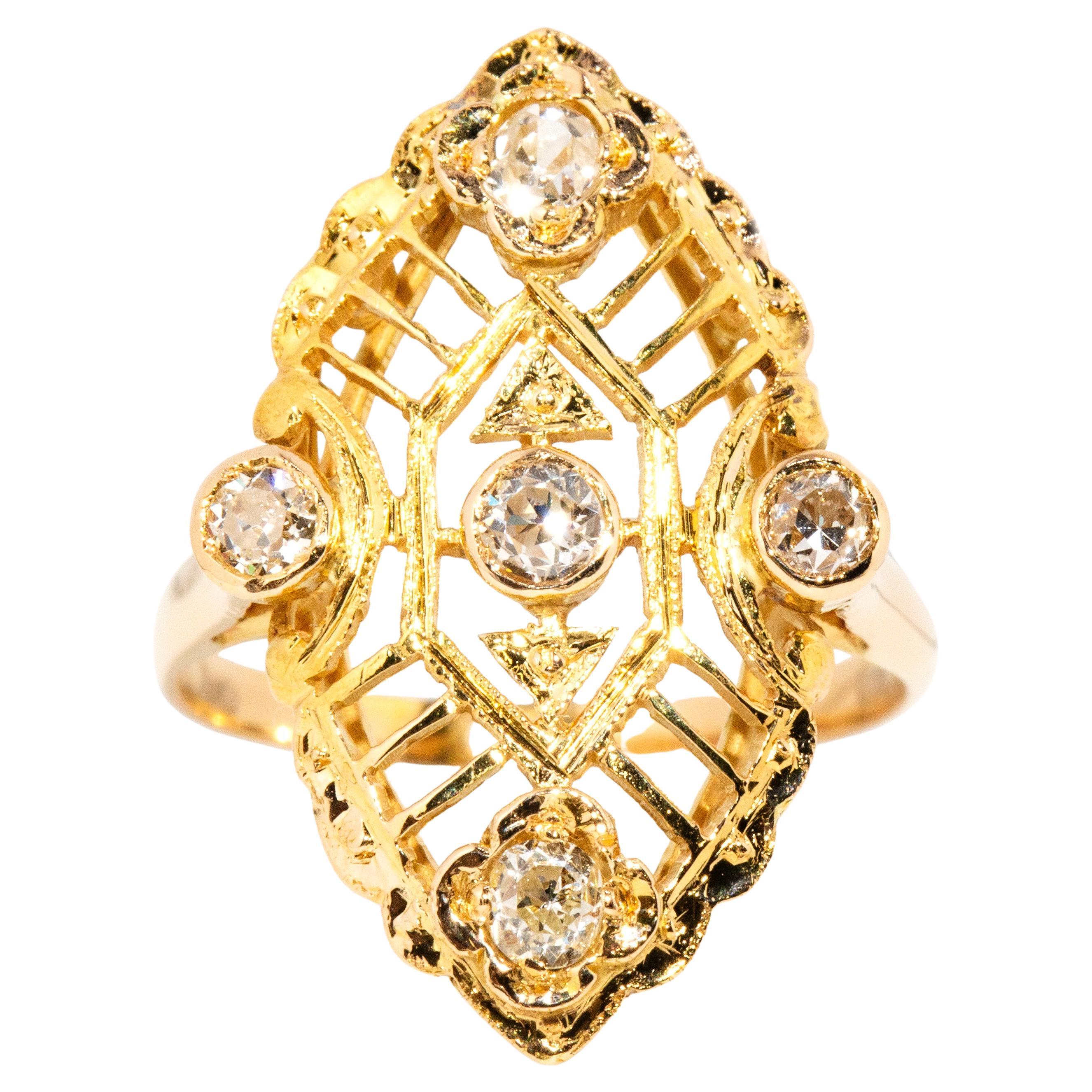 Vintage 1930s Art Deco Inspired Diamond Open Pattern Marquise Ring 18ct Gold For Sale