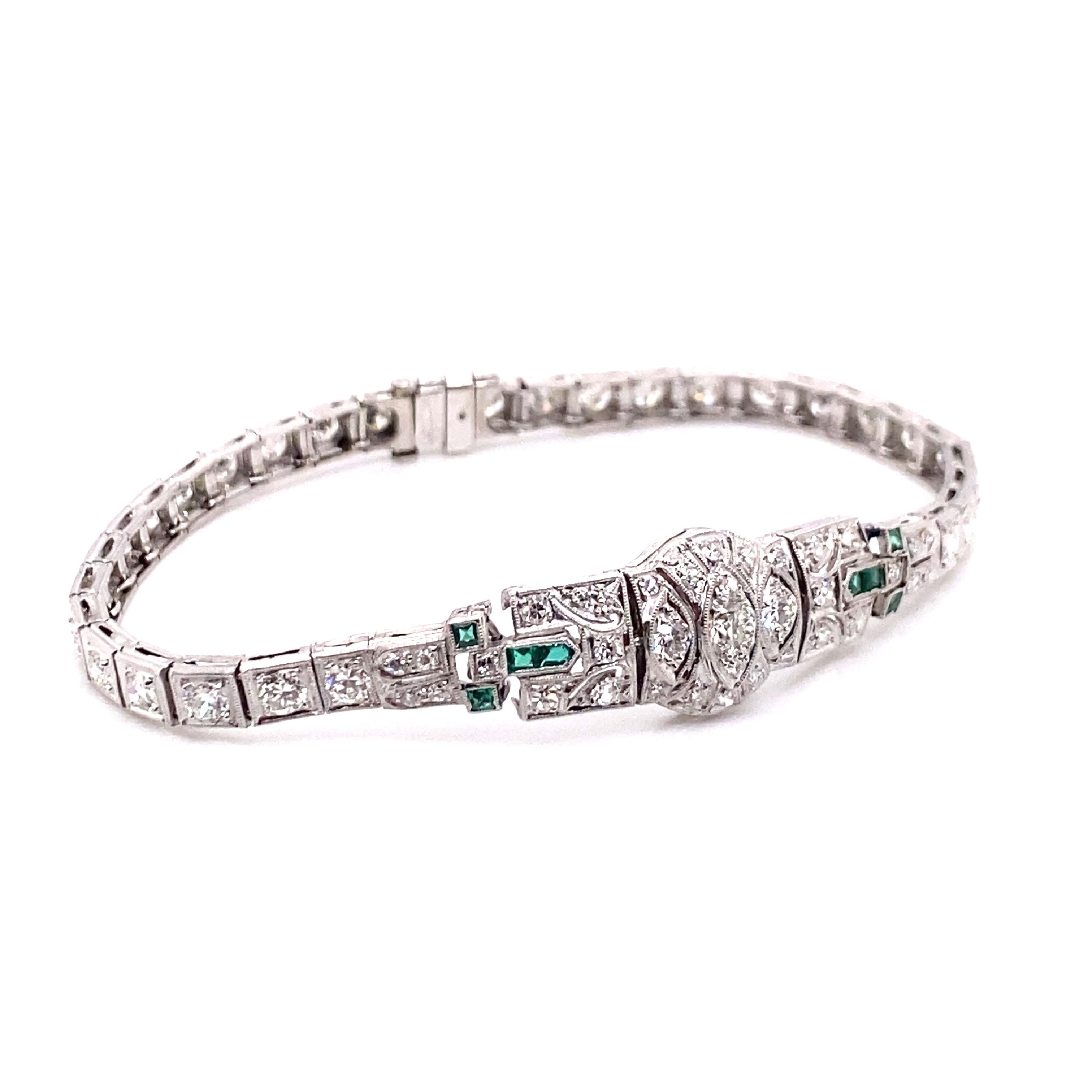Vintage 1930er Jahre Art Deco Platin Diamant und Smaragd Armband (Art déco) im Angebot
