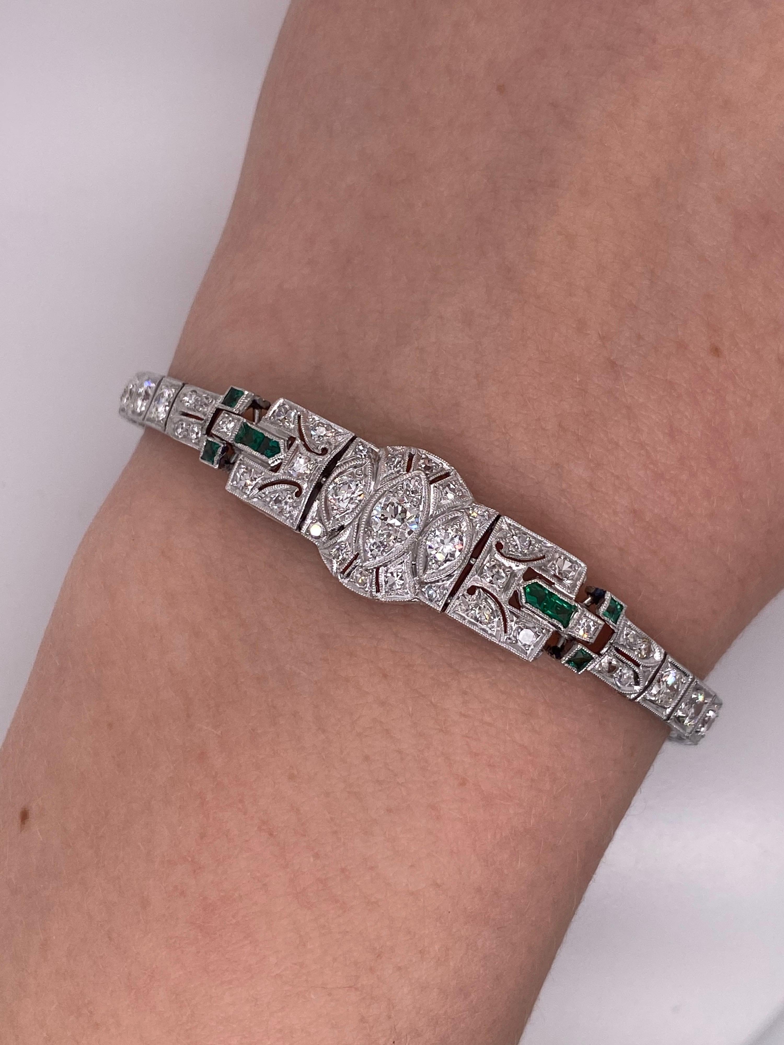 Old European Cut Vintage 1930's Art Deco Platinum Diamond and Emerald Bracelet For Sale