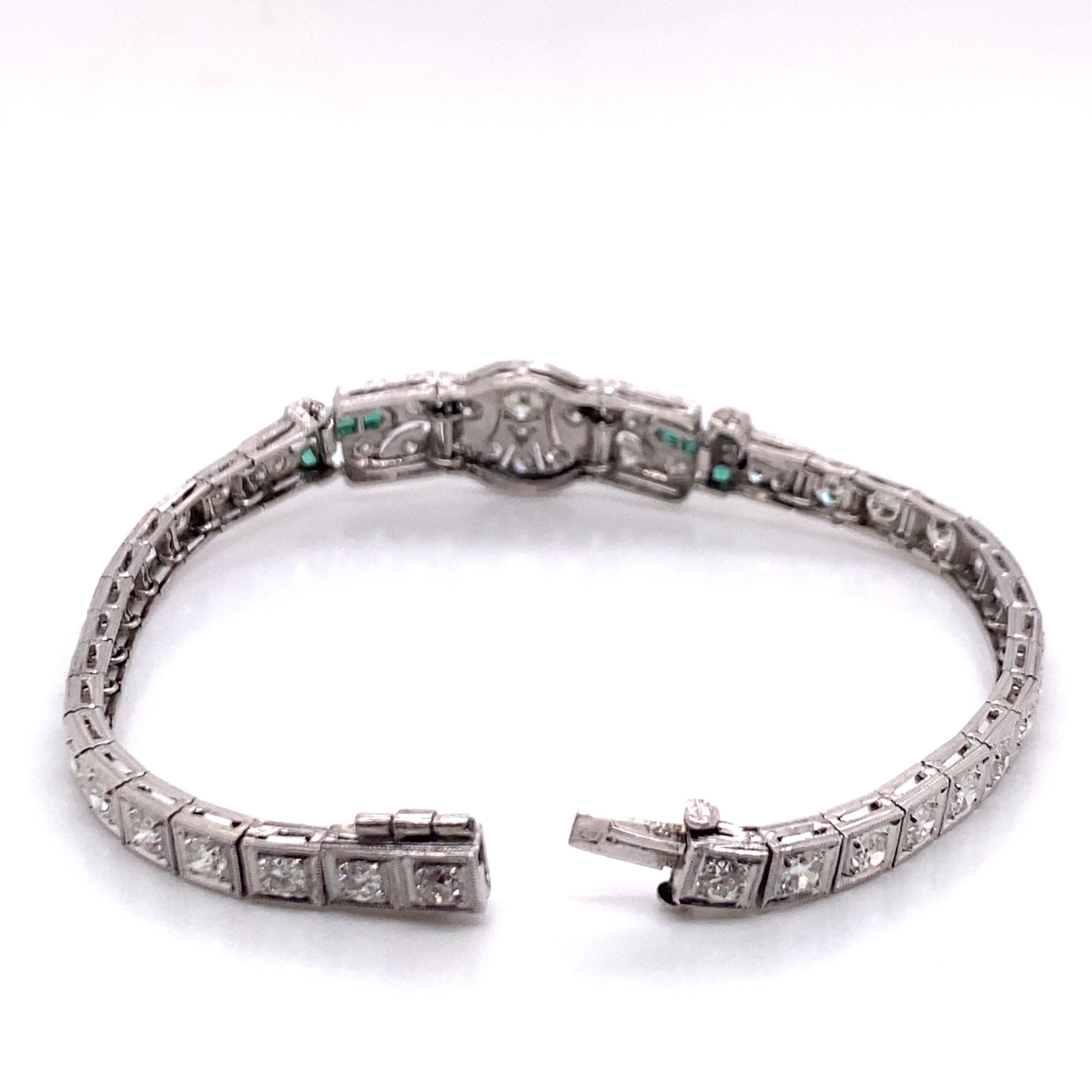 Vintage 1930's Art Deco Platinum Diamond and Emerald Bracelet In Good Condition For Sale In Boston, MA