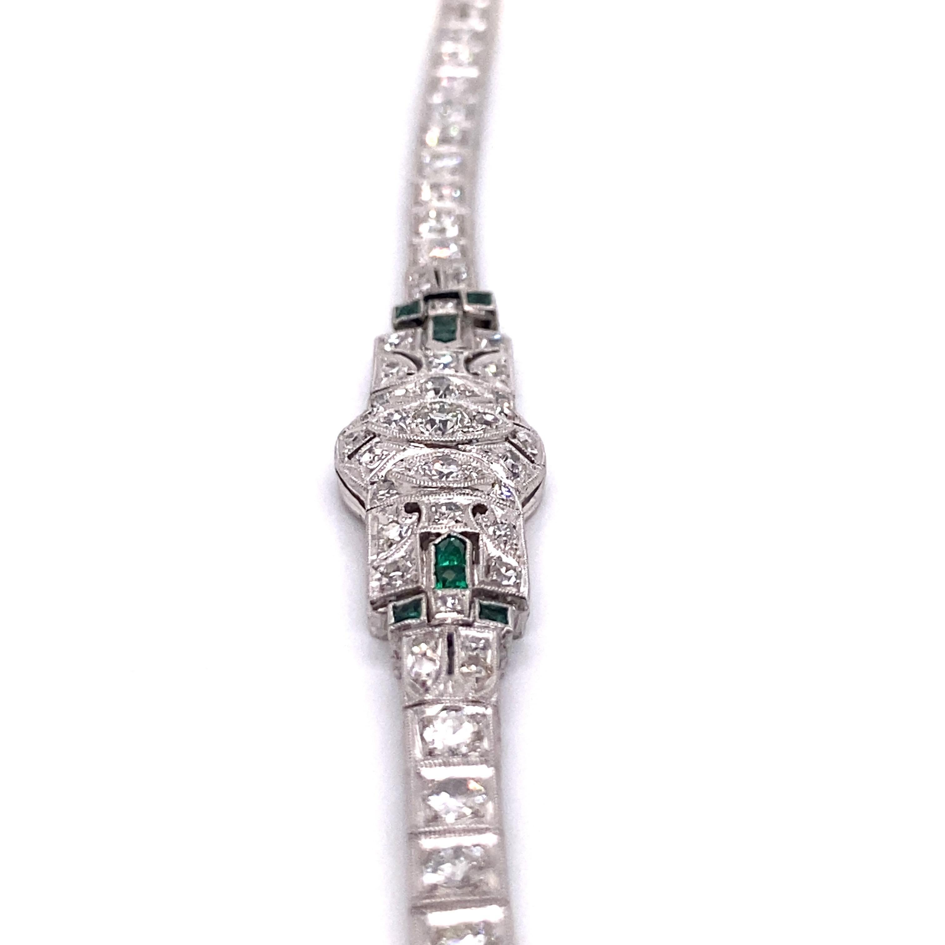 Vintage 1930's Art Deco Platinum Diamond and Emerald Bracelet For Sale 1