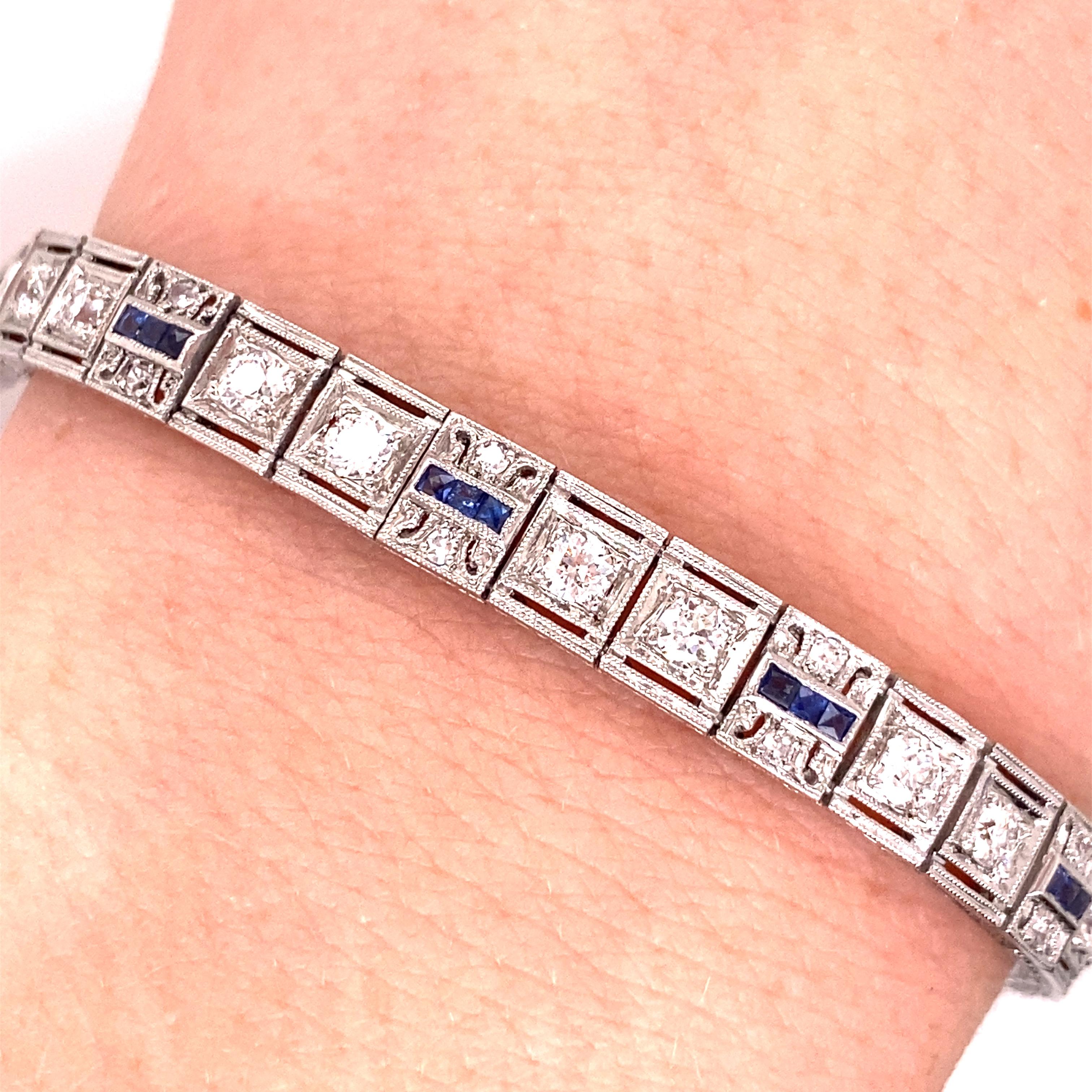 Vintage 1930's Art Deco Platinum Diamond and Sapphire Bracelet 2.00ct - The bracelet contains 21 European cut diamonds and an additional 20 single cut diamonds for a total approximate weight of 2.00ct. There are 30 French cut sapphires that weigh