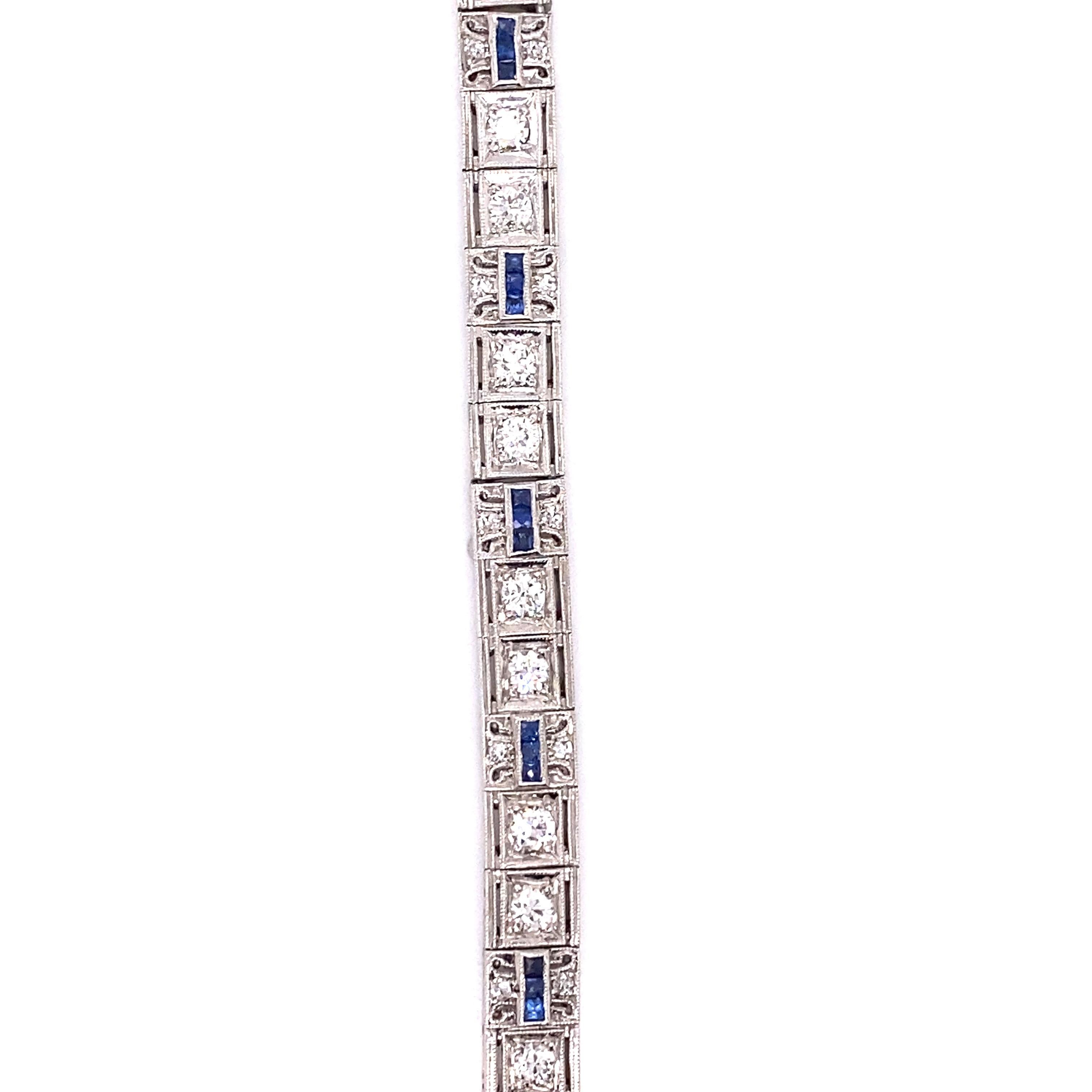 Vintage 1930er Jahre Art Deco Platin Diamant und Saphir Armband 2,00ct (Alteuropäischer Schliff) im Angebot