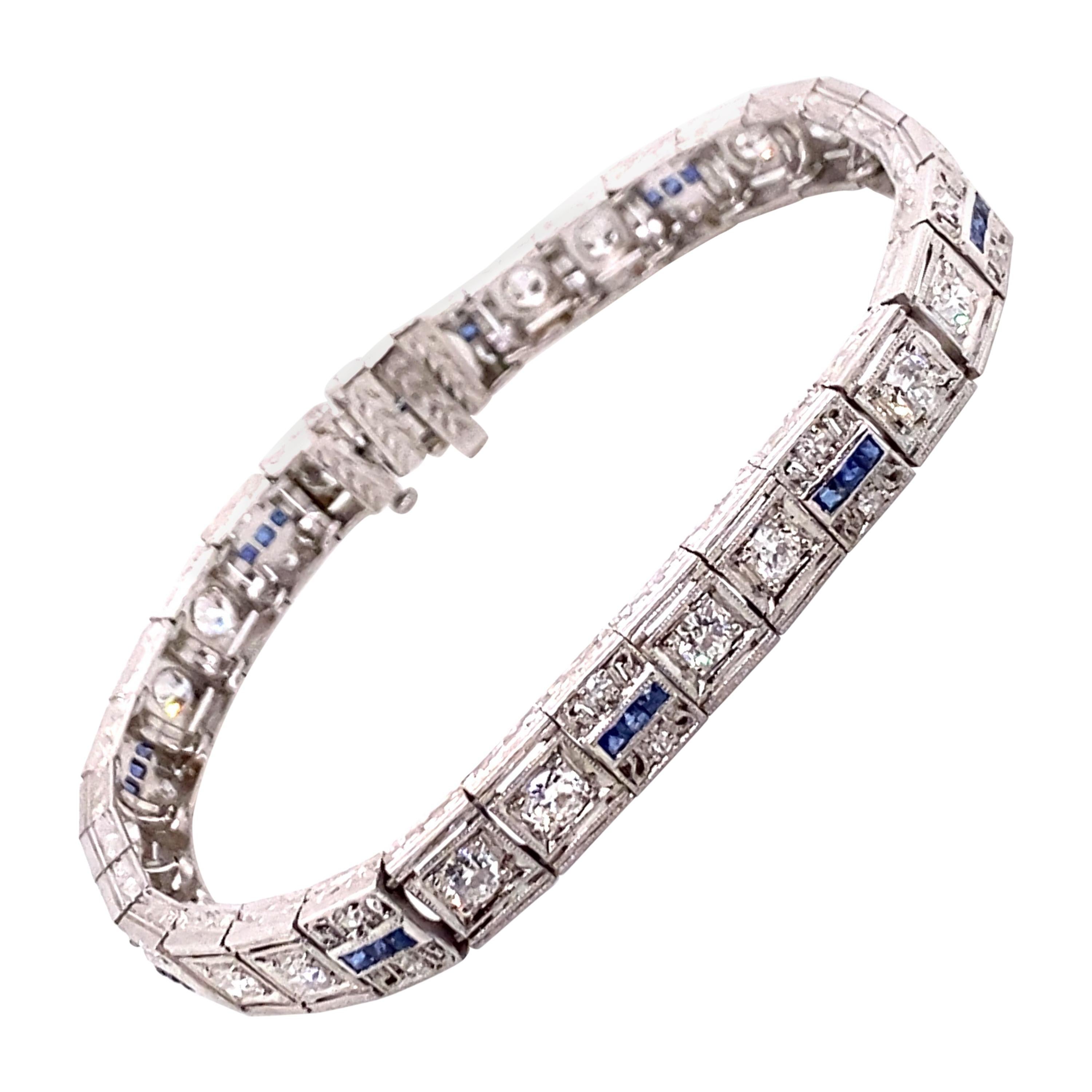 Vintage 1930s Art Deco Platinum Diamond and Sapphire Bracelet 2.00 Carat