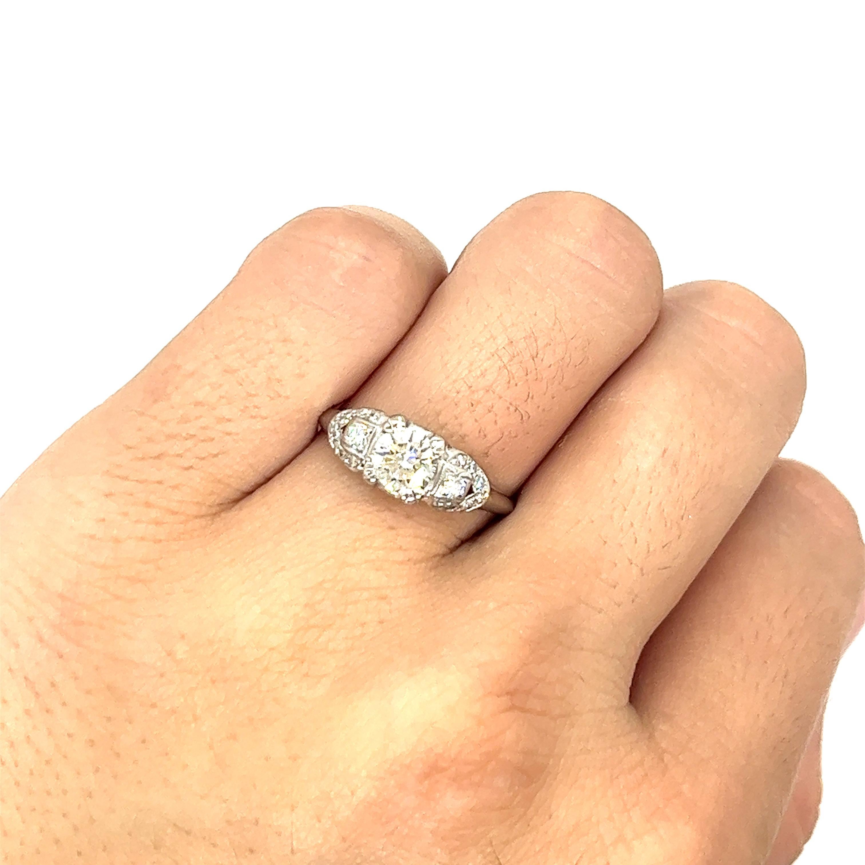 Vintage 1930s Art Deco Platinum Diamond Engagement Ring .65ct For Sale 1
