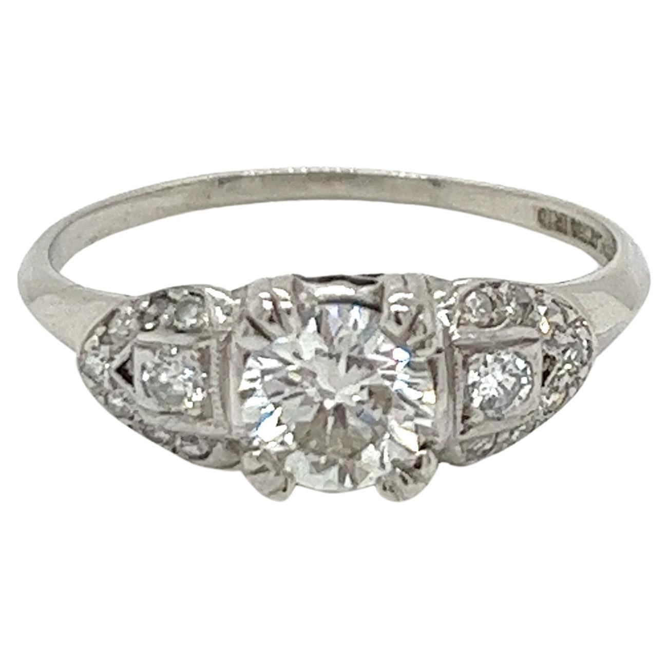 Vintage 1930s Art Deco Platinum Diamond Engagement Ring .65ct en vente