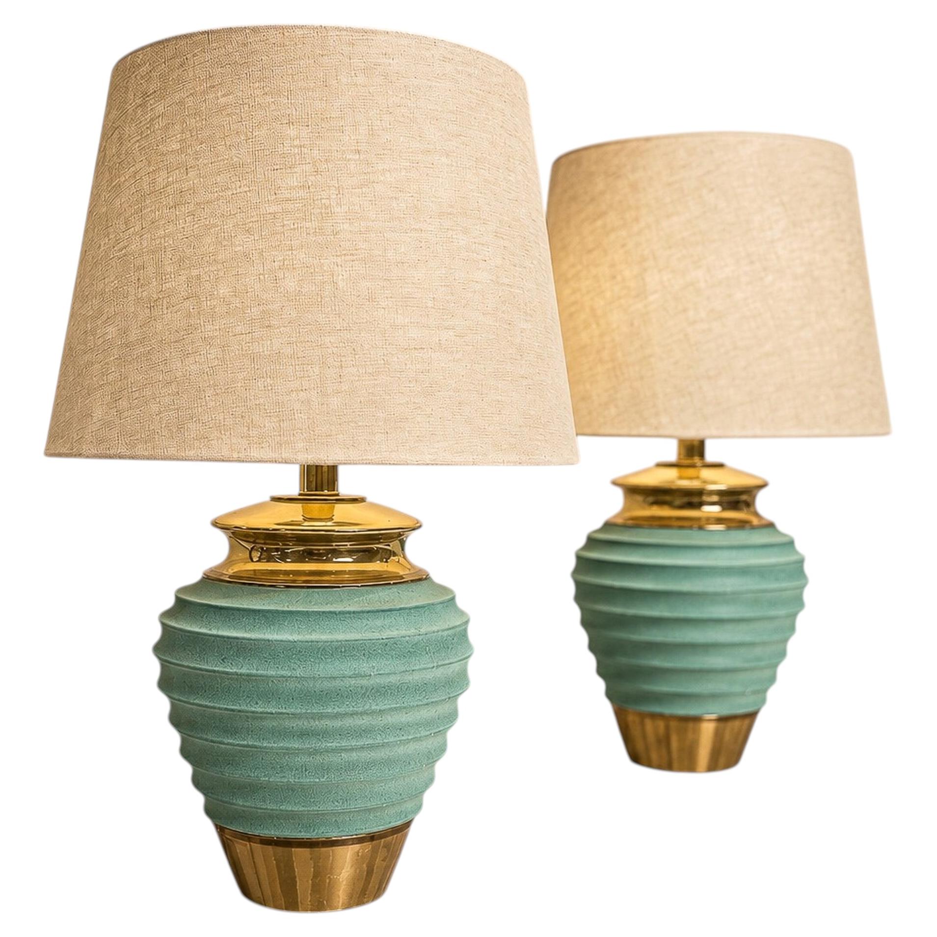 Vintage 1930s Art Deco Table Lamps, Teal and Brass Finish, 23\" High