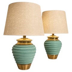 Vintage 1930s Art Deco Table Lamps, Teal and Brass Finish, 23\" High