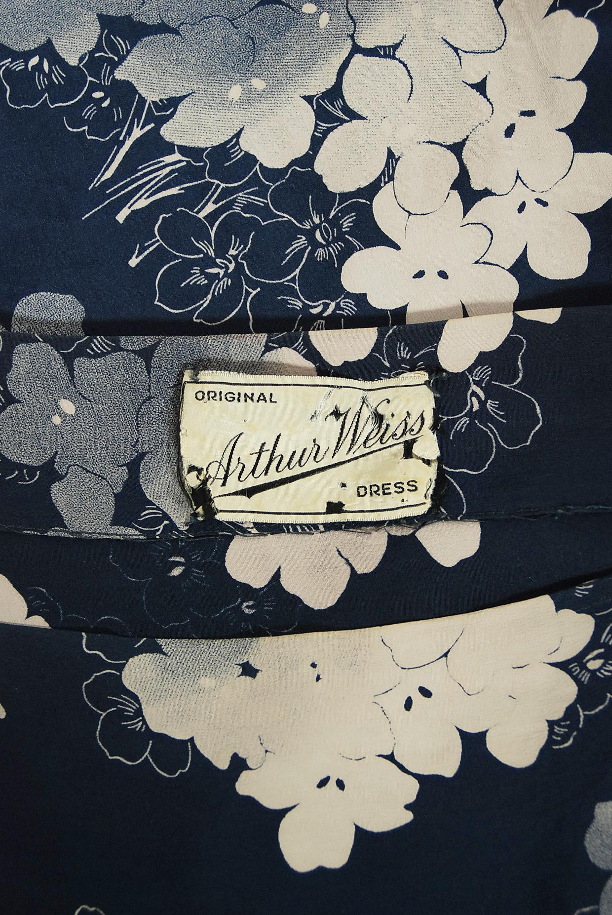 Vintage 1930's Arthur Weiss Blue & Ivory Floral Print Silk Balloon-Sleeve Dress 5
