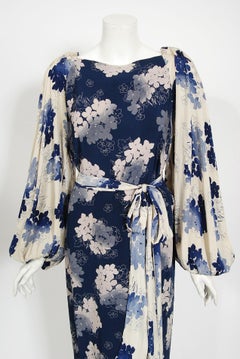 Vintage 1930's Arthur Weiss Blue & Ivory Floral Print Silk Balloon-Sleeve Dress