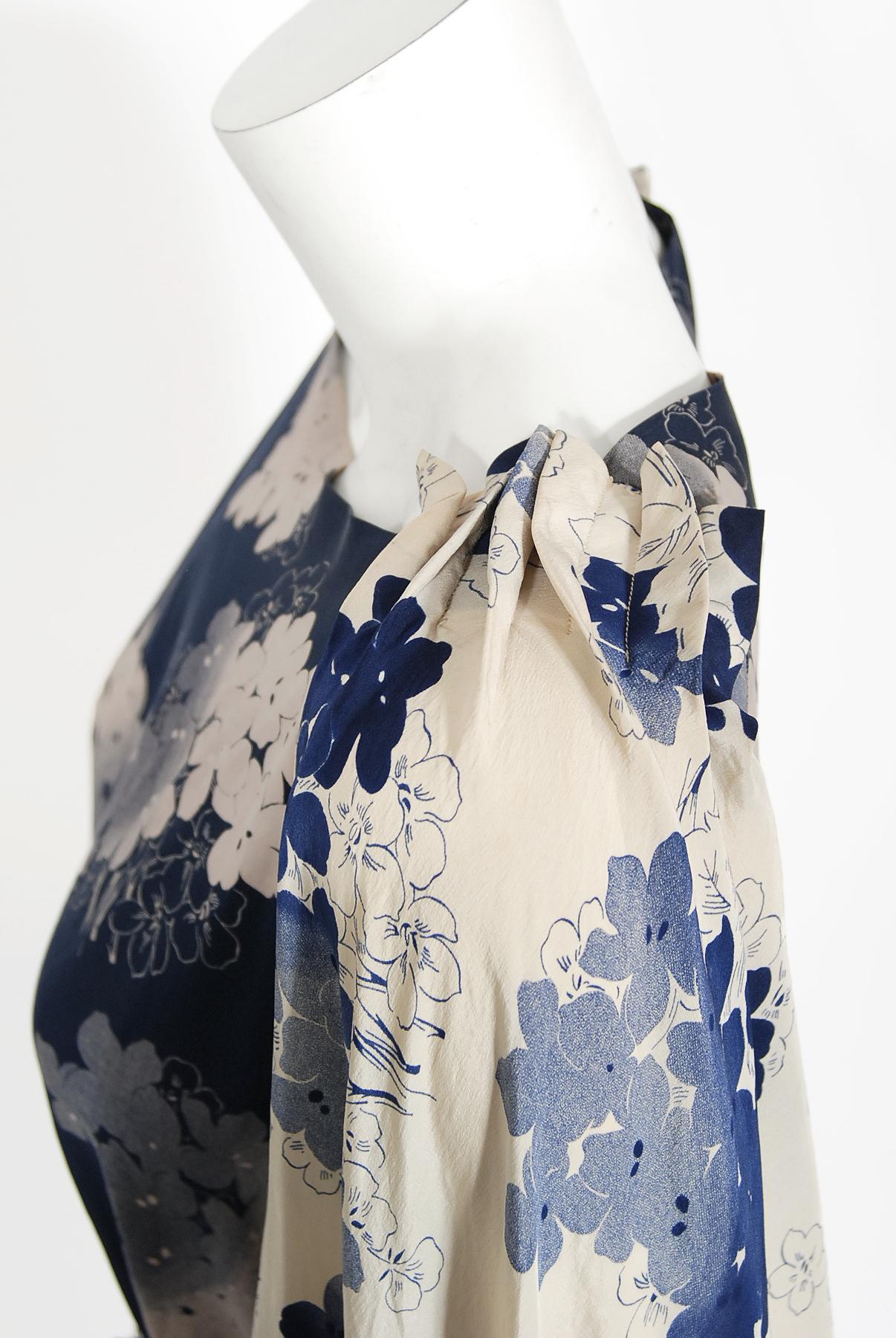 Women's Vintage 1930's Arthur Weiss Blue & Ivory Floral Print Silk Balloon-Sleeve Dress