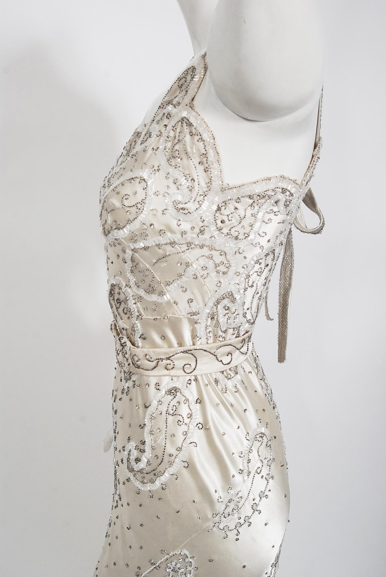 Gray Vintage 1930's Beaded Ivory Silk Satin Appliqué Sculpted Bias-Cut Bridal Gown