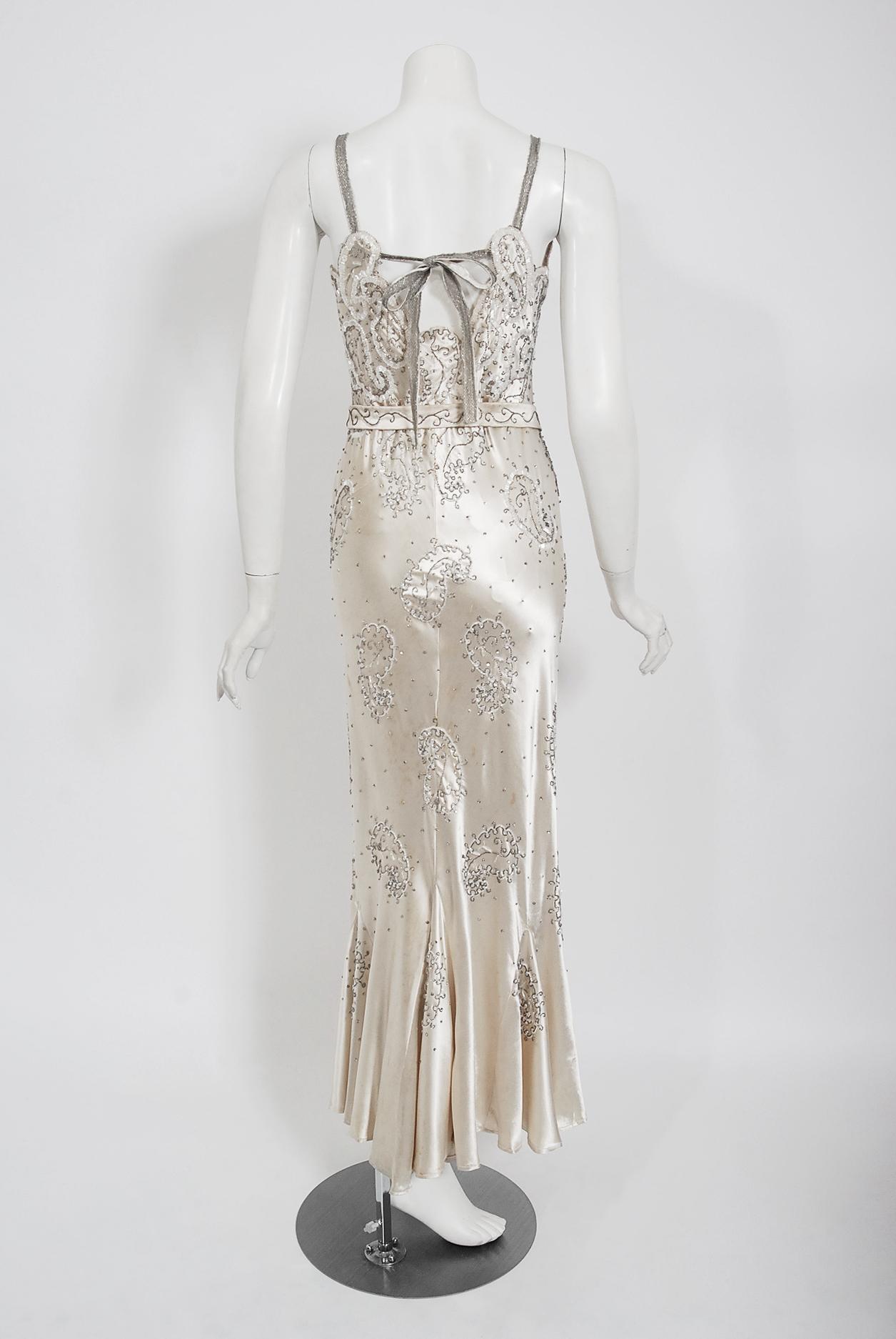 Women's Vintage 1930's Beaded Ivory Silk Satin Appliqué Sculpted Bias-Cut Bridal Gown